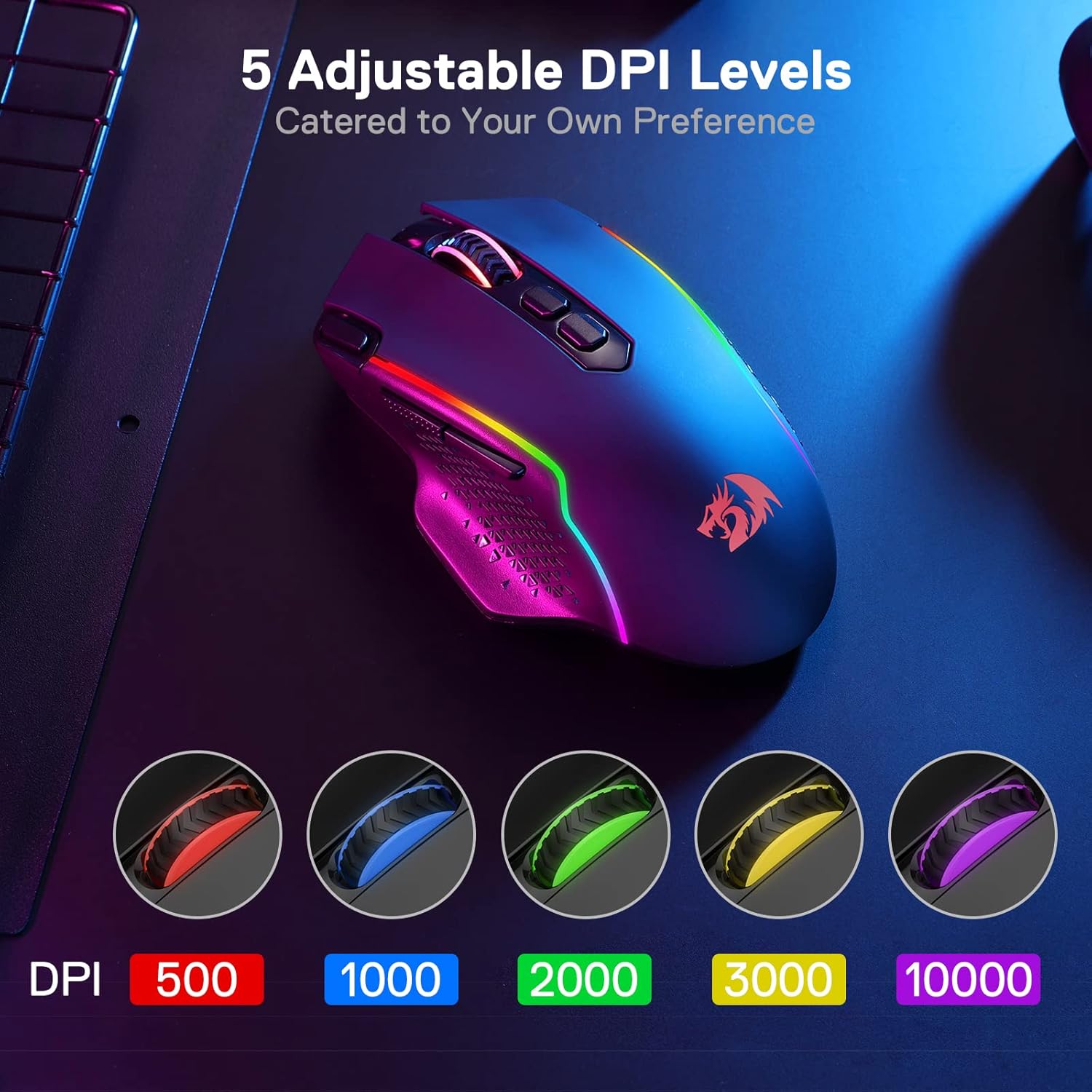 Redragon M810 Pro Wireless Gaming Mouse, 10000 DPI Wired/Wireless Gamer Mouse w/Rapid Fire Key, 8 Macro Buttons, 45-Hour Reliable Power Capacity and RGB Backlit for PC/Mac/Laptop-4