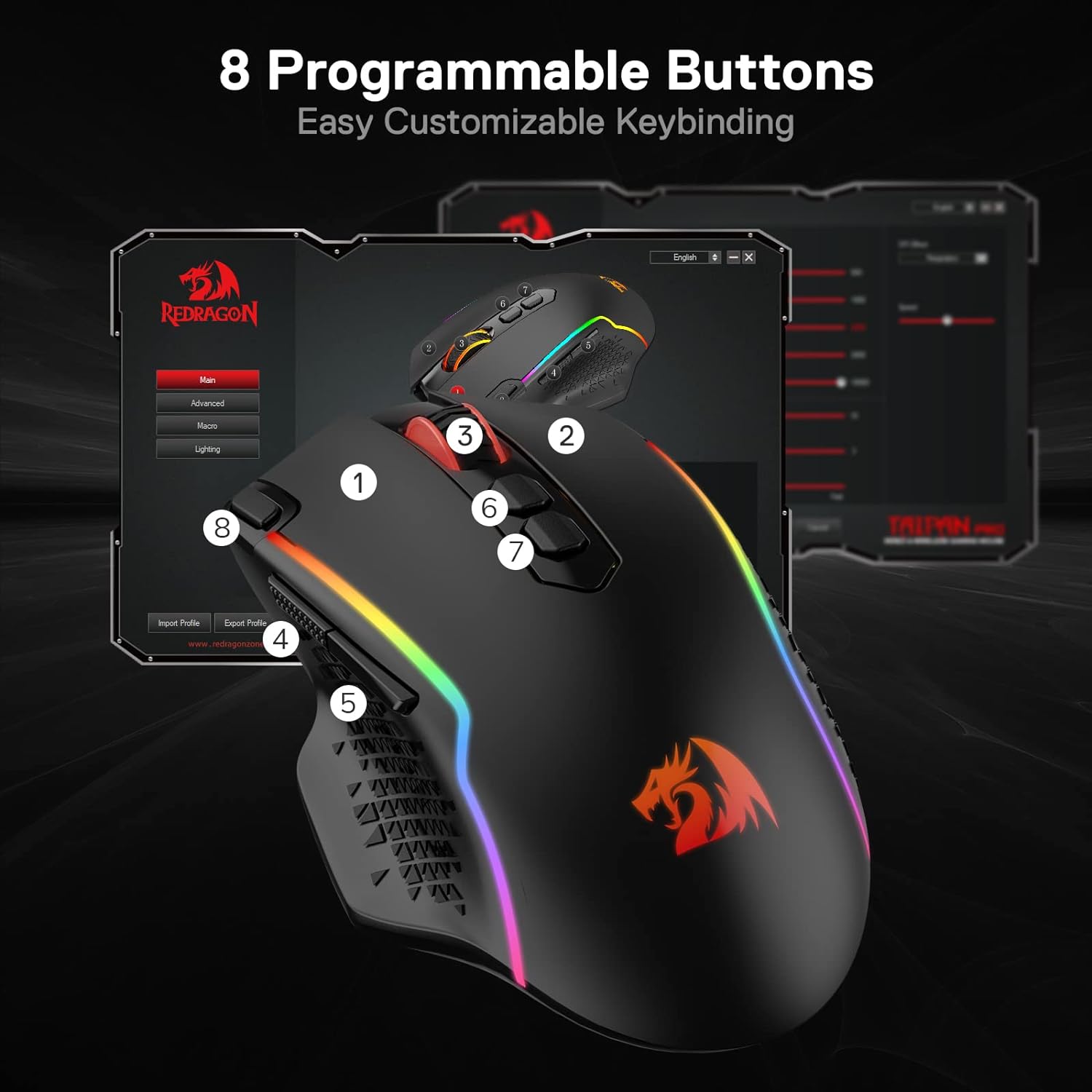 Redragon M810 Pro Wireless Gaming Mouse, 10000 DPI Wired/Wireless Gamer Mouse w/Rapid Fire Key, 8 Macro Buttons, 45-Hour Reliable Power Capacity and RGB Backlit for PC/Mac/Laptop-7