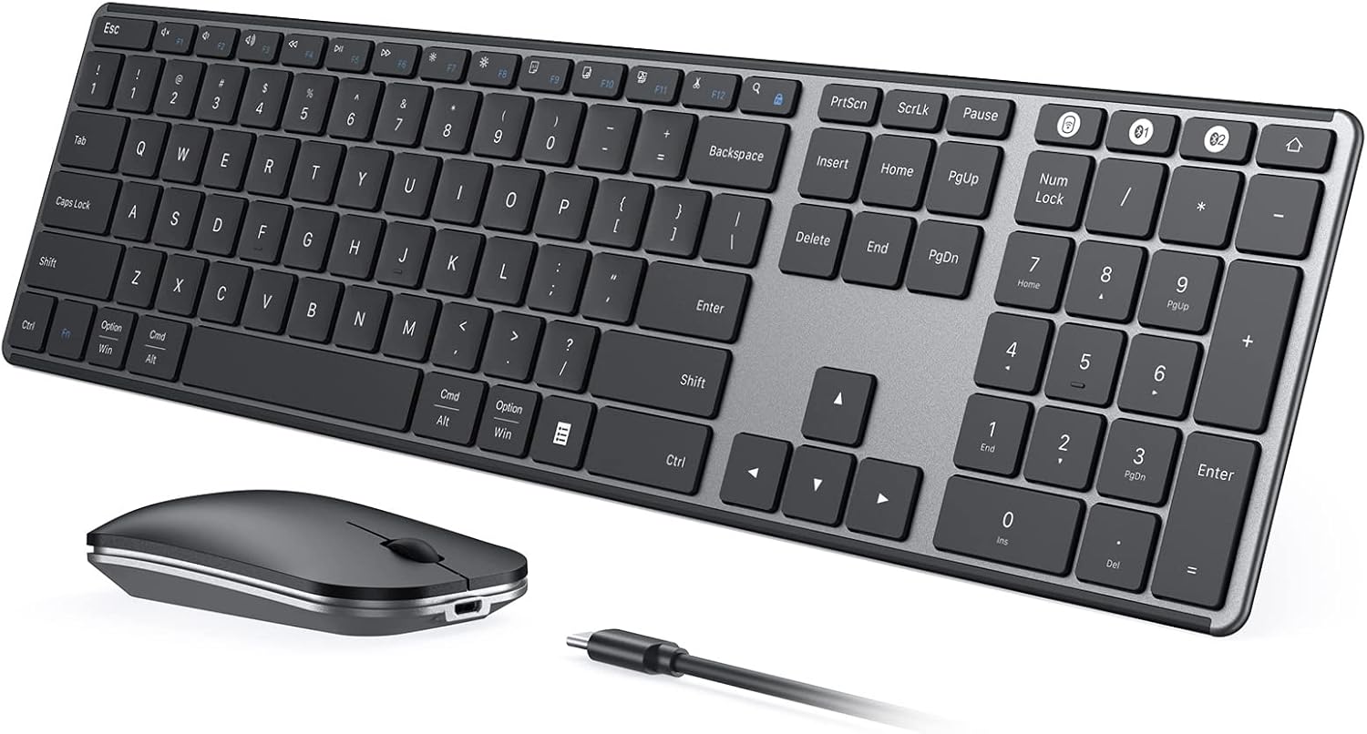 Wireless Bluetooth Keyboard and Mouse Combo (USB + Dual BT), seenda Multi-Device Rechargeable Slim Keyboard and Mouse, Compatible for Win 7/8/10, MacBook Pro/Air, iPad, Tablet - Black Gray-0