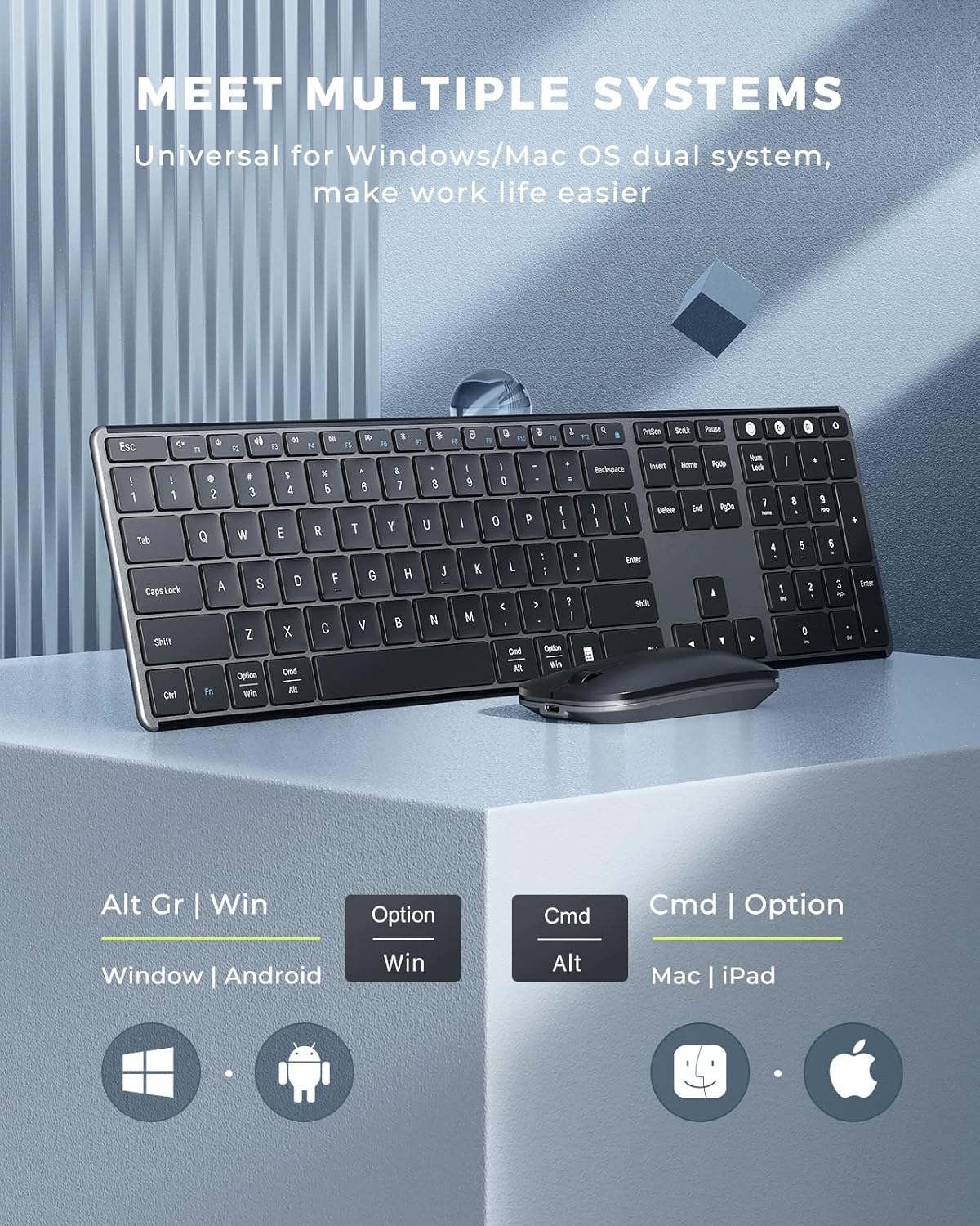 Wireless Bluetooth Keyboard and Mouse Combo (USB + Dual BT), seenda Multi-Device Rechargeable Slim Keyboard and Mouse, Compatible for Win 7/8/10, MacBook Pro/Air, iPad, Tablet - Black Gray-2