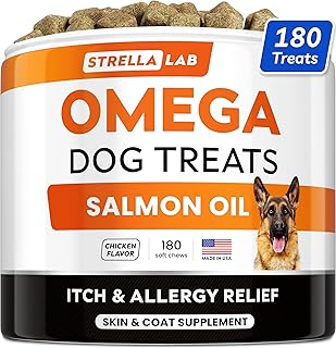 STRELLALAB Fish Oil Omega 3 Treats for Dogs (180 Treats) - Allergy & Itch Relief - Skin & Coat Supplement - Joint Health - Wild Alaskan Salmon Oil - Shedding, Itchy Skin Relief - Omega 3 6 9 - EPA&DHA