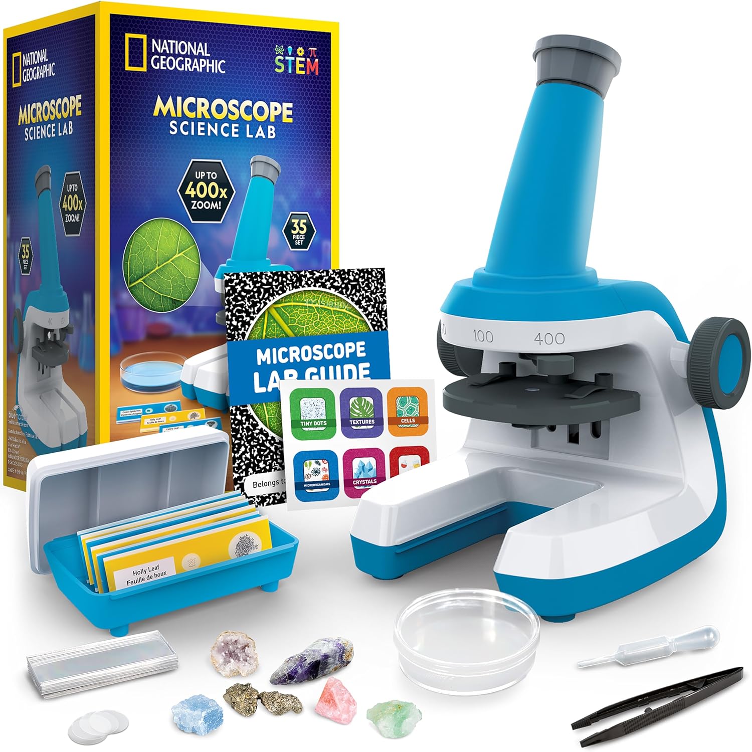 NATIONAL GEOGRAPHIC Microscope for Kids - Science Kit with an Easy-to-Use Kids Microscope, Up to 400x Zoom, Blank and Prepared Slides, Rock & Mineral Specimens, STEM Project Toy (Amazon Exclusive)-0