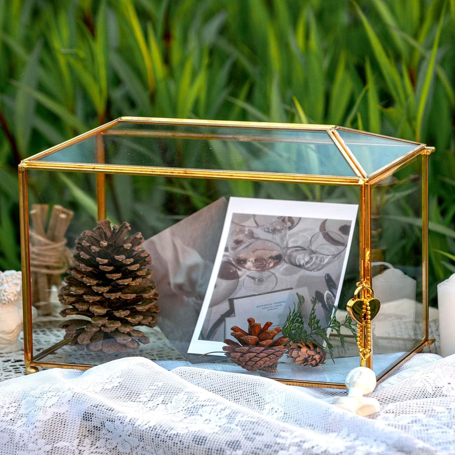 Wedding Card Box with Lock for Reception, Clear Gold Card Box, Graduation Card Box, 12.6 x 5.9 x 9 Large Card Gift Box for Party, House Shape Geometric Terrarium Box-1