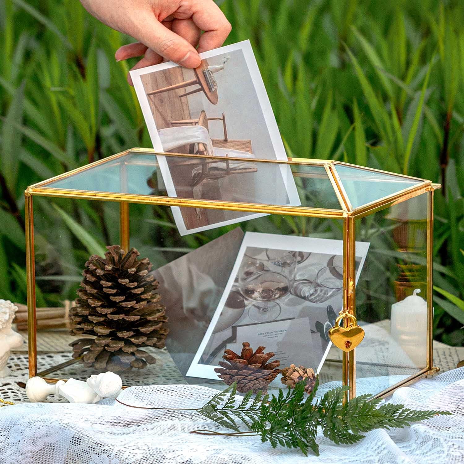 Wedding Card Box with Lock for Reception, Clear Gold Card Box, Graduation Card Box, 12.6 x 5.9 x 9 Large Card Gift Box for Party, House Shape Geometric Terrarium Box-2