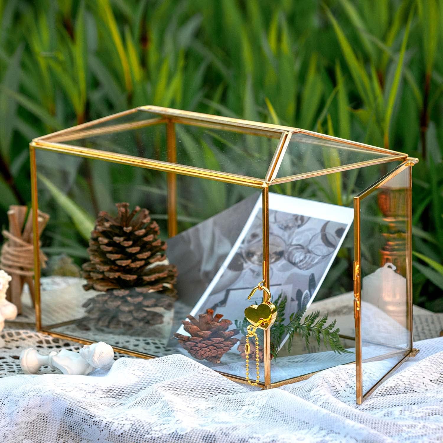 Wedding Card Box with Lock for Reception, Clear Gold Card Box, Graduation Card Box, 12.6 x 5.9 x 9 Large Card Gift Box for Party, House Shape Geometric Terrarium Box-3