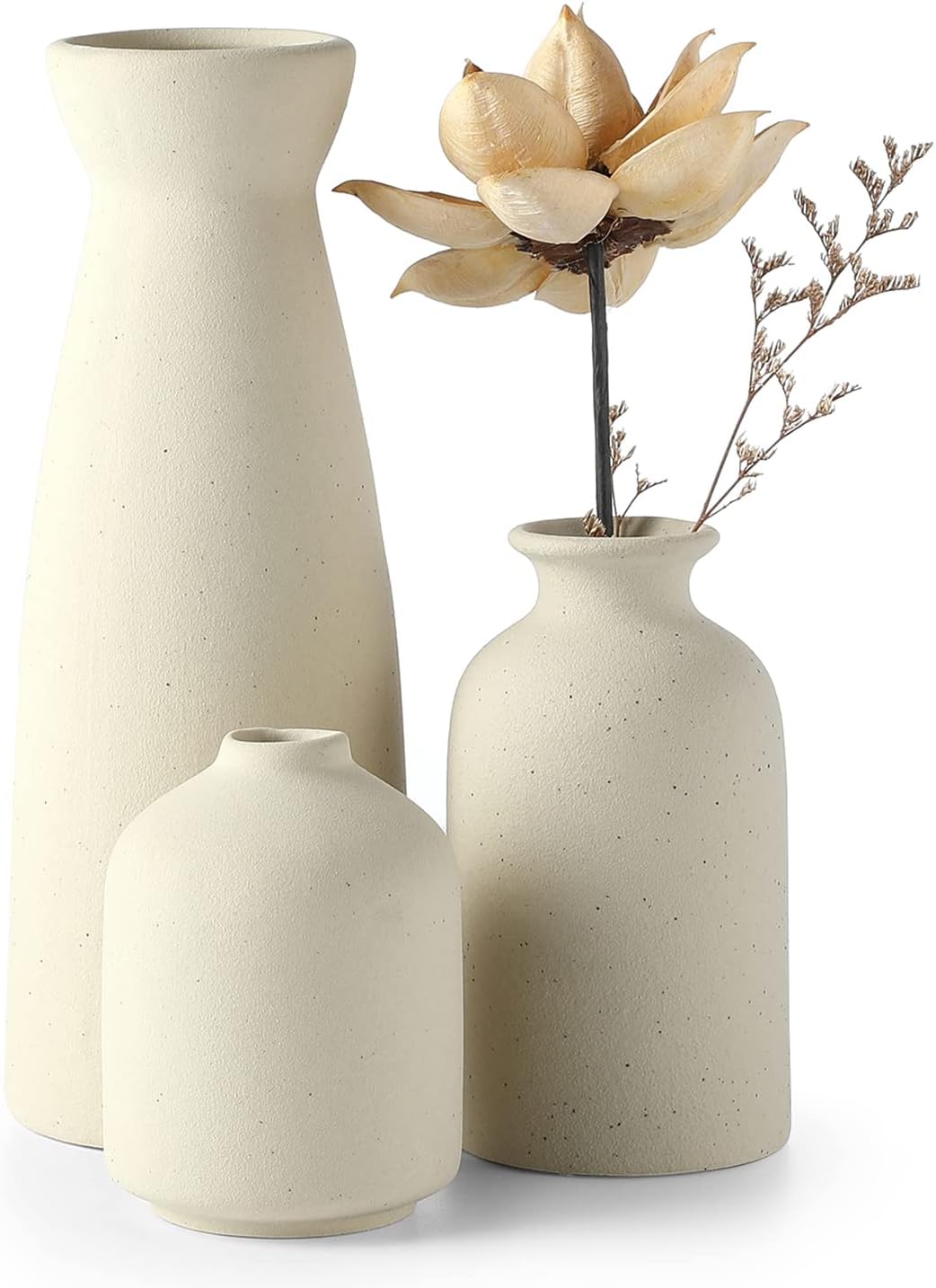 CEMABT Beige Ceramic vase Set-3 Small Flower vases for Decor,Modern Boho Farmhouse Home Decor,Decorative vase for Pampas Grass&Dried Flowers,idea Shelf,Table,Bookshelf ，Entryway- Distressed-0