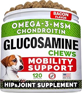 STRELLALAB Glucosamine Treats for Dogs - Joint Supplement w/Omega-3 Fish Oil - Chondroitin, MSM - Advanced Mobility Chews - Joint Pain Relief - Hip & Joint Care - Bacon Flavor - 120 Ct - Made in USA