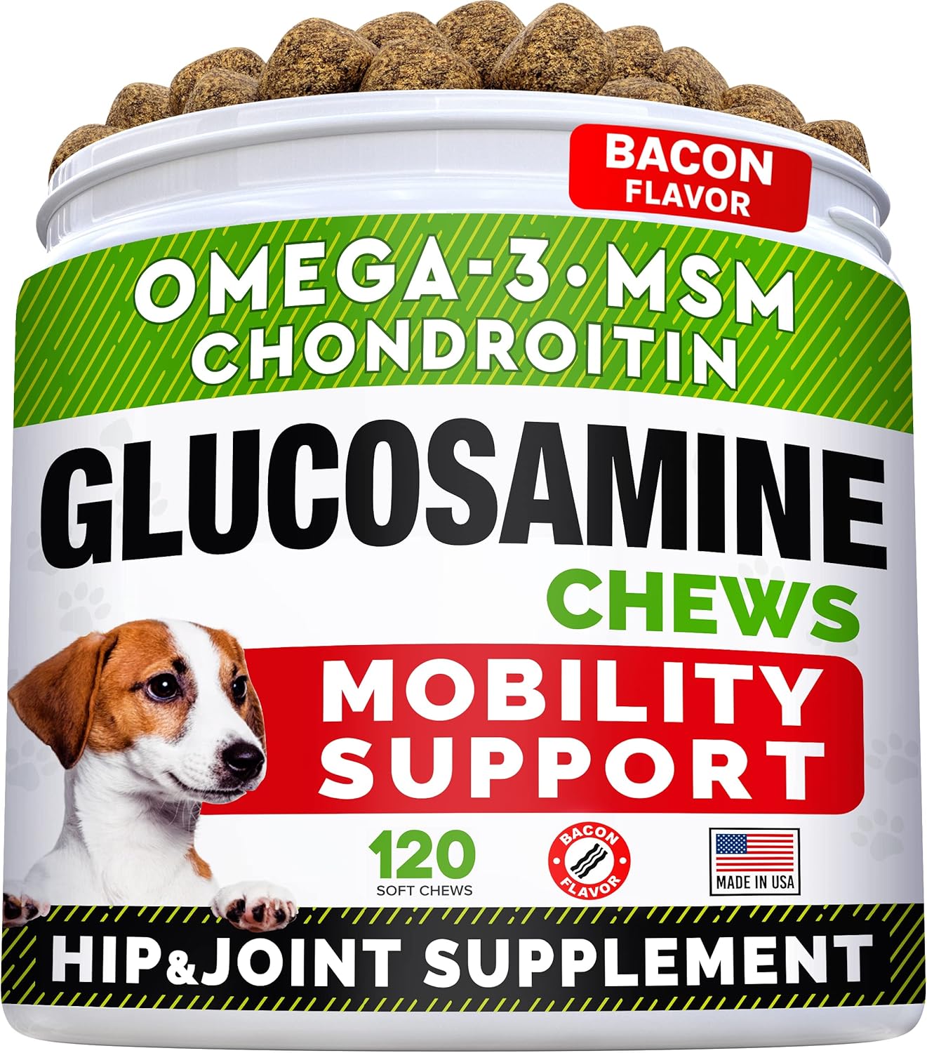 STRELLALAB Glucosamine Treats for Dogs - Joint Supplement w/Omega-3 Fish Oil - Chondroitin, MSM - Advanced Mobility Chews - Joint Pain Relief - Hip & Joint Care - Bacon Flavor - 120 Ct - Made in USA-0