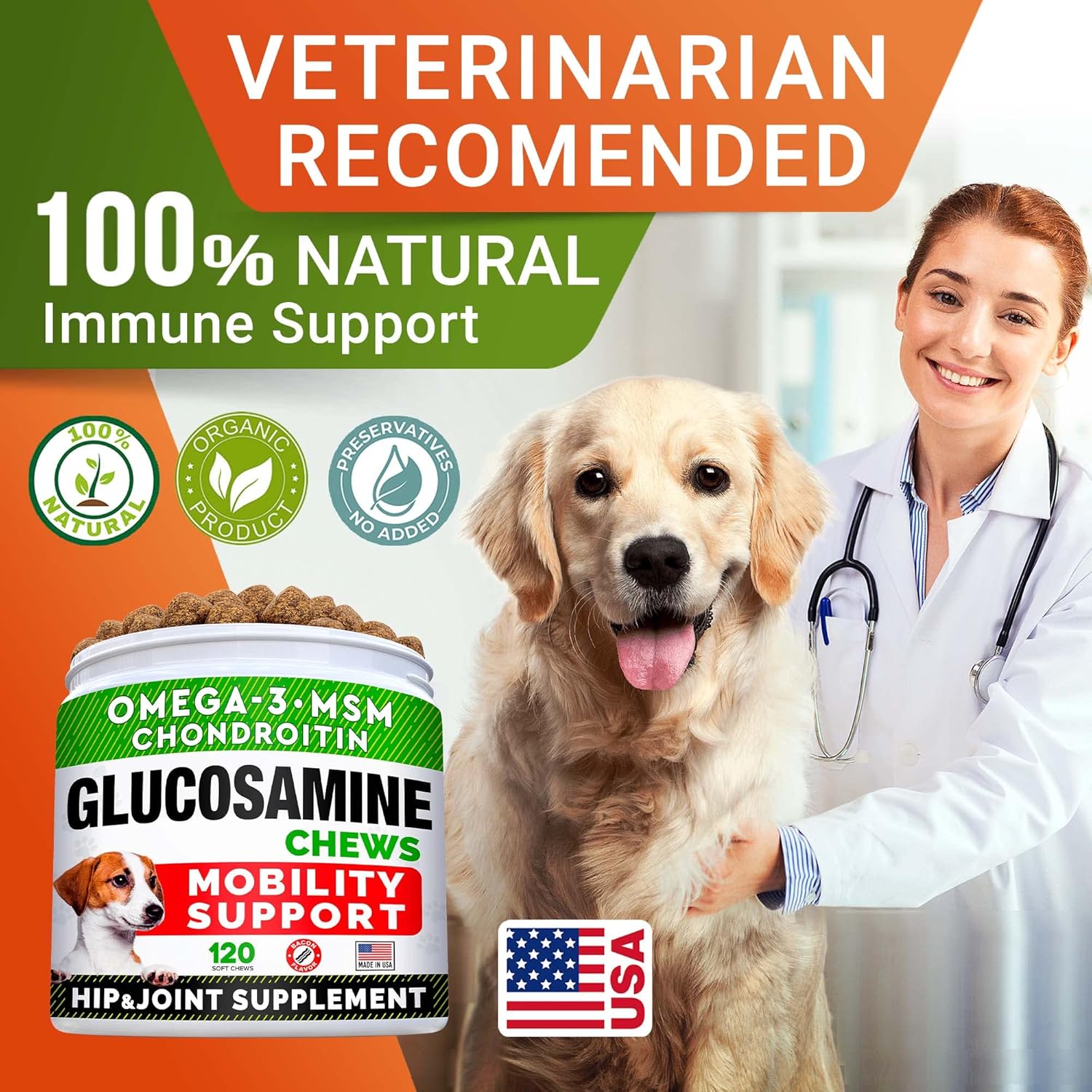 STRELLALAB Glucosamine Treats for Dogs - Joint Supplement w/Omega-3 Fish Oil - Chondroitin, MSM - Advanced Mobility Chews - Joint Pain Relief - Hip & Joint Care - Bacon Flavor - 120 Ct - Made in USA-6