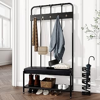 Allewie Coat Rack Shoe Bench, 75" Freestanding Hall Tree, Entryway Bench with Storage Shelves, Upholstered Sponge-Padded Seat, Organized with 5 Hooks, Industrial Furniture, Easy Assembly, Black