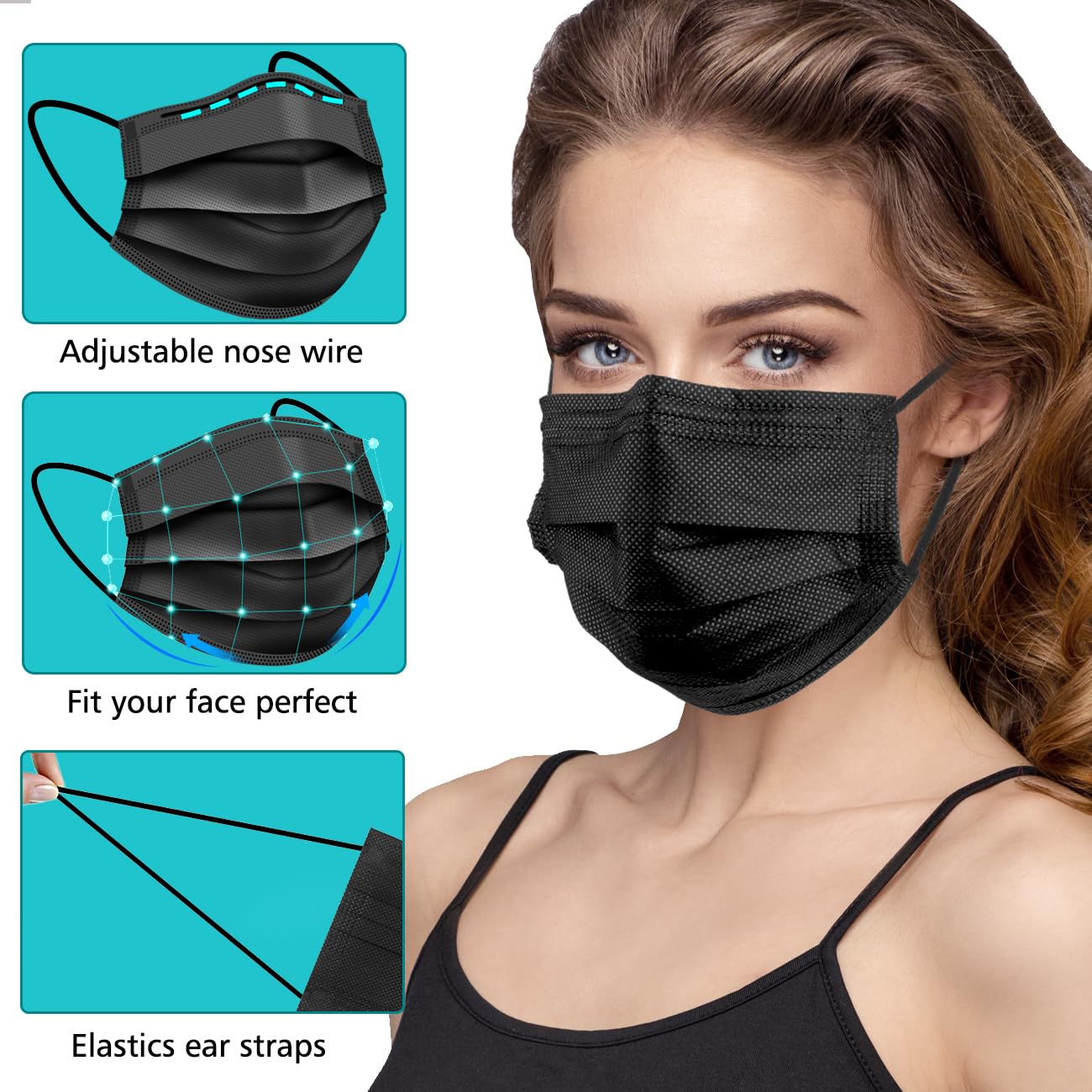 100 PCS Black Disposable Face Masks, 3 Ply Protection Black Face Masks-2