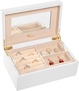 Voova Voova Wooden Jewelry Box Organizer for Women Teen Girls, Luxury Piano Paint Wood Jewelry Case with Mirror, Large Jewellery Storage Boxes Display Holder with Removable Tray for Earrings Rings, White