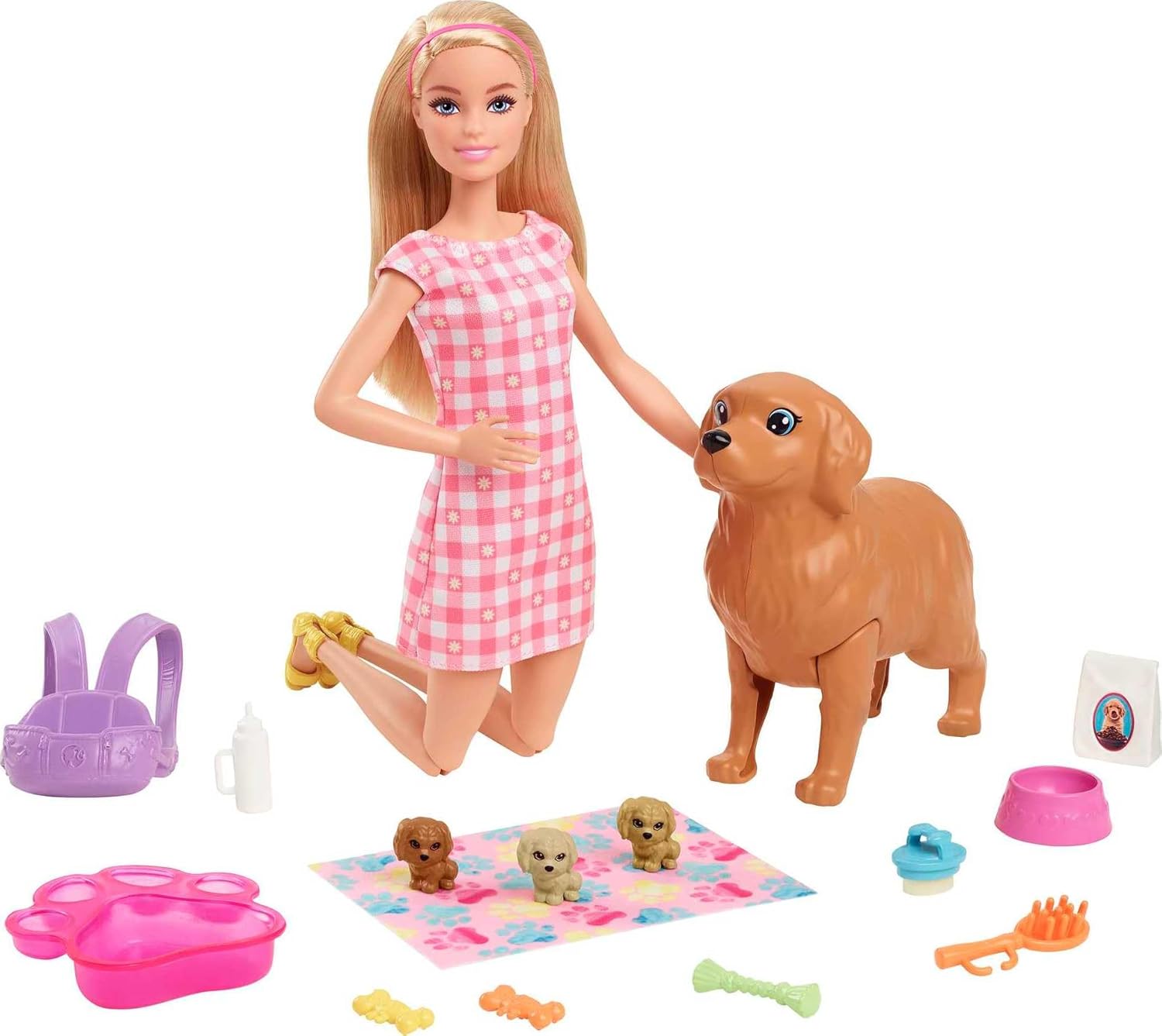 Barbie Doll & Pets, Blonde Doll with Mommy Dog, 3 Newborn Puppies with Color-Change Feature & Pet Accessories-0