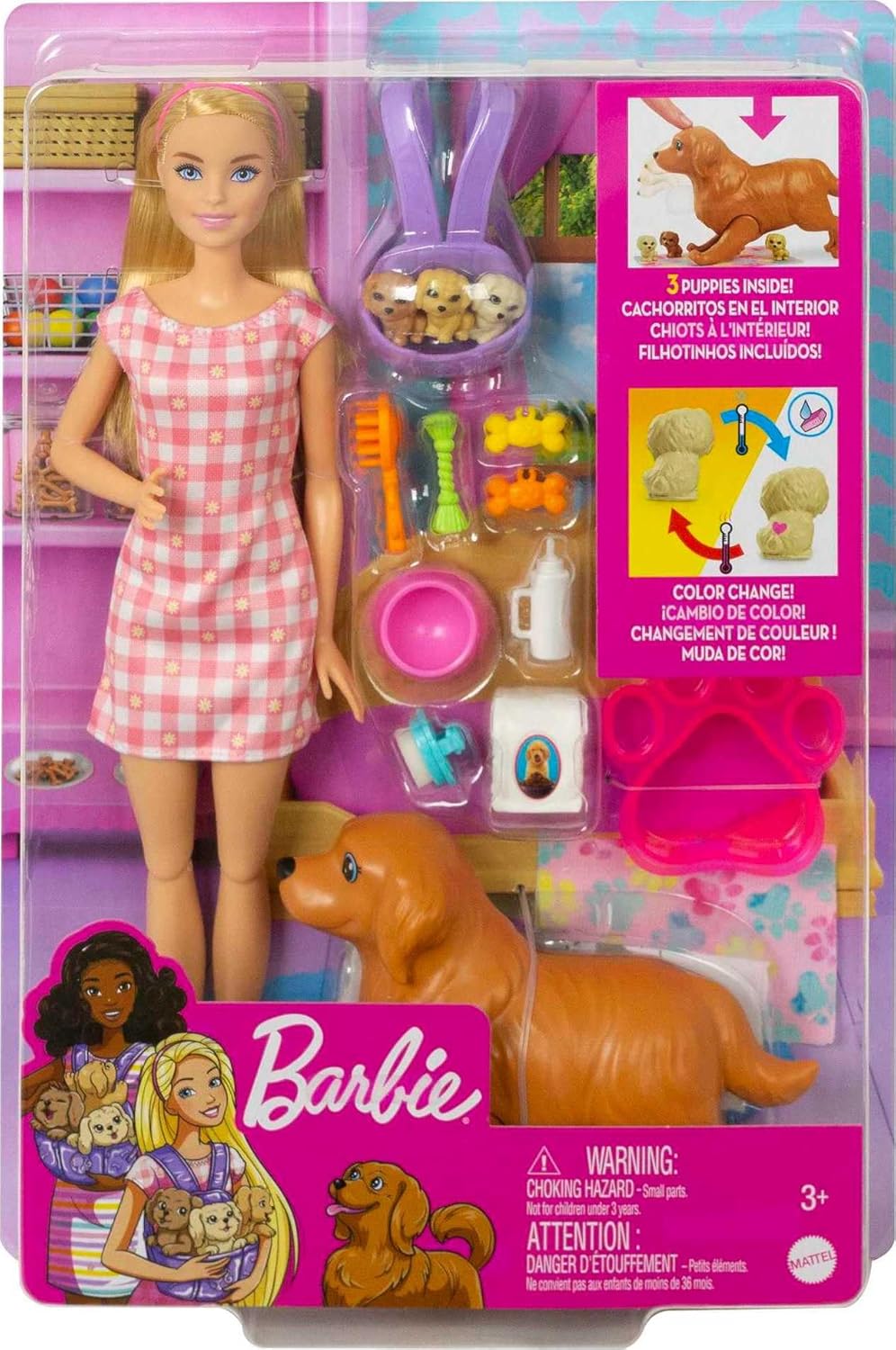 Barbie Doll & Pets, Blonde Doll with Mommy Dog, 3 Newborn Puppies with Color-Change Feature & Pet Accessories-5