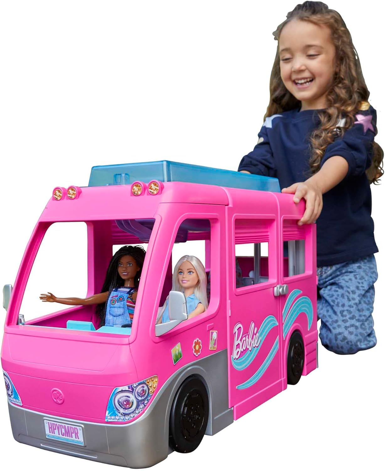 Barbie Camper Playset, DreamCamper Toy Vehicle with 60 Doll-Sized Accessories Including Furniture, Pool & 30-inch Slide-0