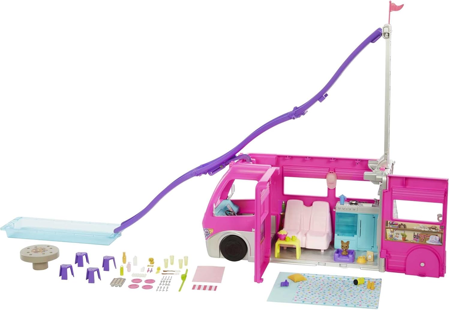 Barbie Camper Playset, DreamCamper Toy Vehicle with 60 Doll-Sized Accessories Including Furniture, Pool & 30-inch Slide-1