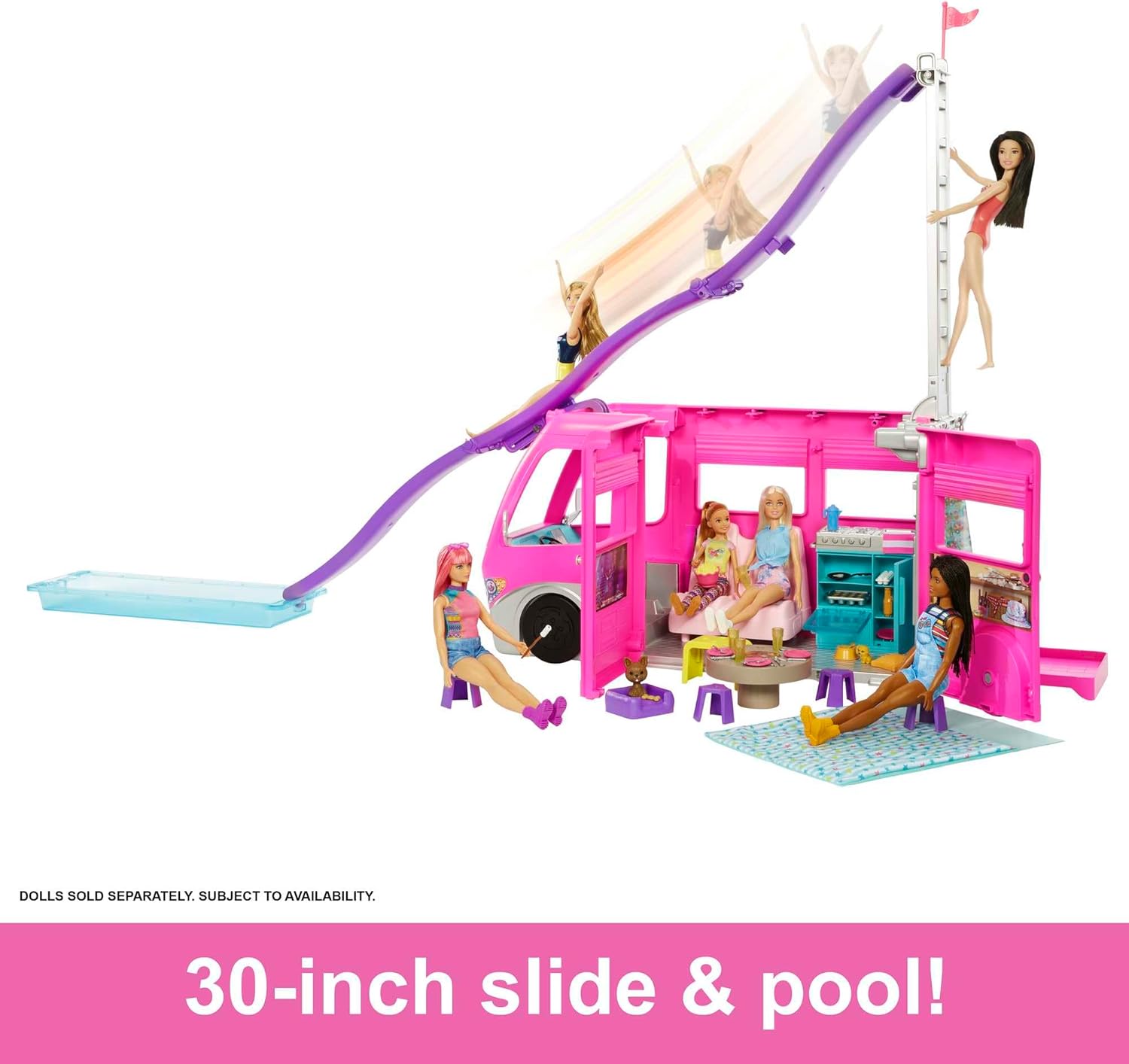 Barbie Camper Playset, DreamCamper Toy Vehicle with 60 Doll-Sized Accessories Including Furniture, Pool & 30-inch Slide-3