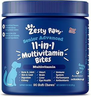 Zesty Paws Senior Dog Multivitamin Treats - Glucosamine for Dogs + Digestive Enzymes & Probiotics - Grain Free Dog Vitamins for Skin & Coat + Immune Health - Beef - Advanced - 90ct