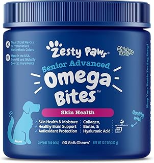 Zesty Paws Skin & Coat Bites for Dogs – Fish Oil Soft Chews with Omega-3 Fatty Acids EPA & DHA - Skin, Coat, Antioxidant & Immune Support - Advanced - 90 Count