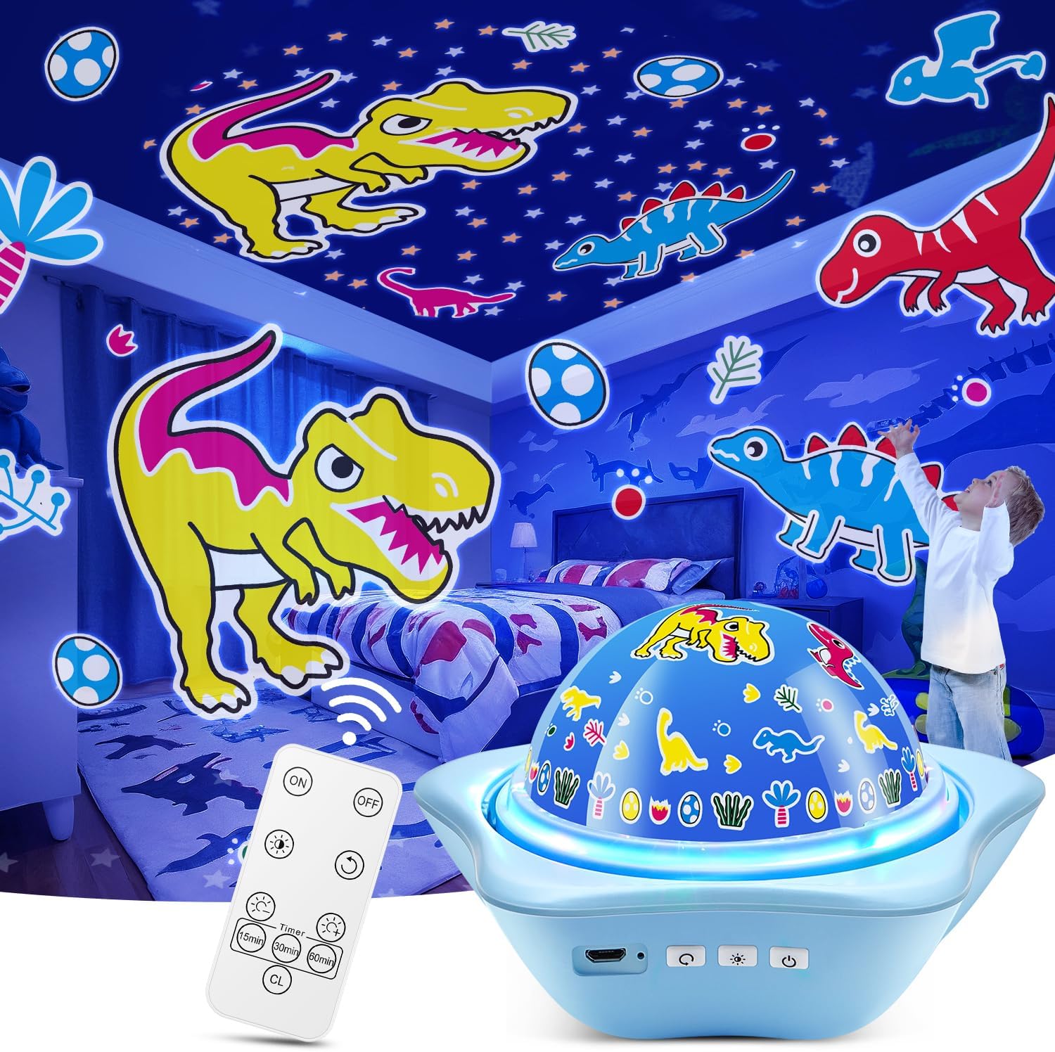 One Fire Dinosaur Night Lights for Bedroom,Upgrade 6 Films Star Projector Lights for Kids Room,Remote 360° Silent Dimmable Night Light Projector,Rechargeable Timer Dinosaur Room Decor for Boys Gifts-0