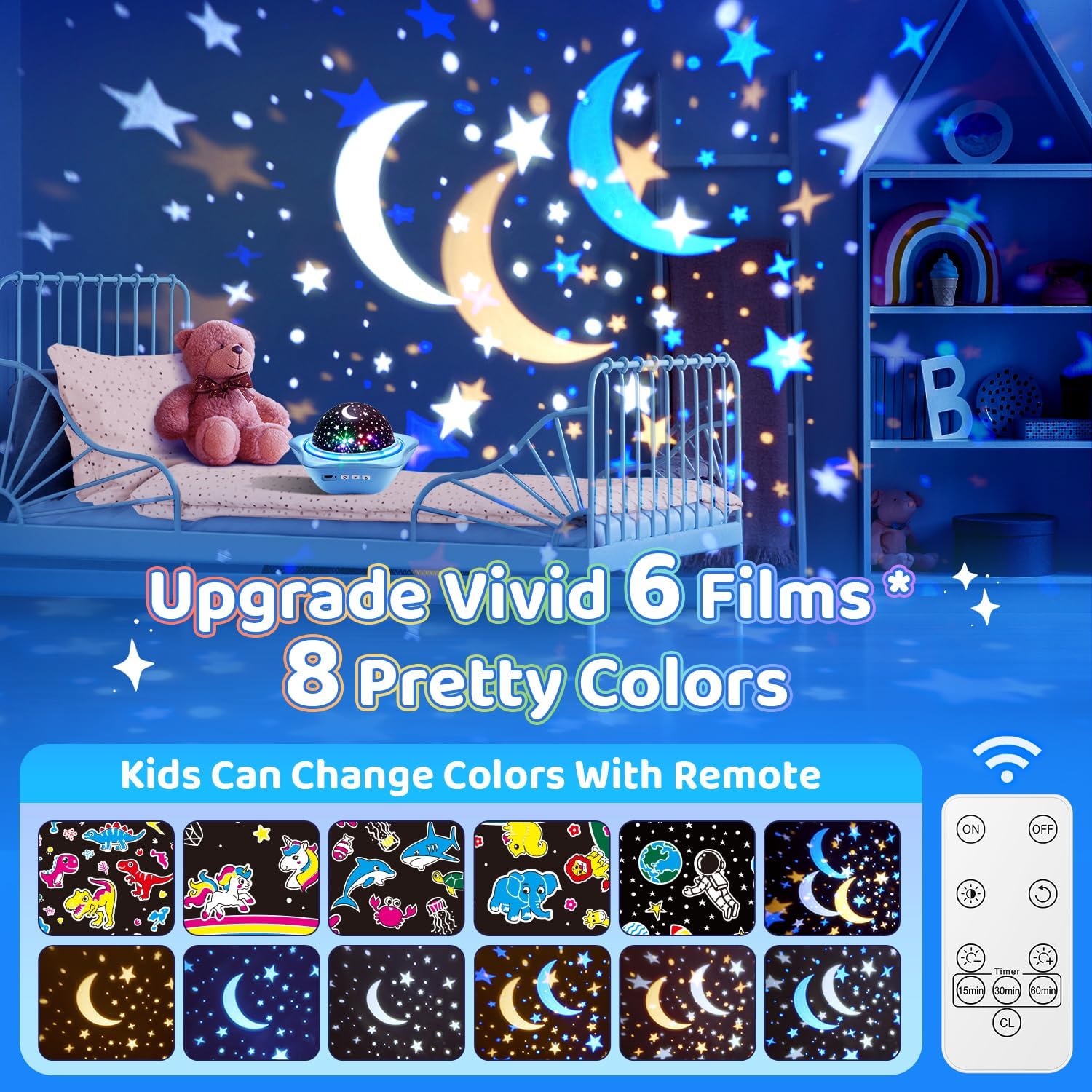 One Fire Dinosaur Night Lights for Bedroom,Upgrade 6 Films Star Projector Lights for Kids Room,Remote 360° Silent Dimmable Night Light Projector,Rechargeable Timer Dinosaur Room Decor for Boys Gifts-1