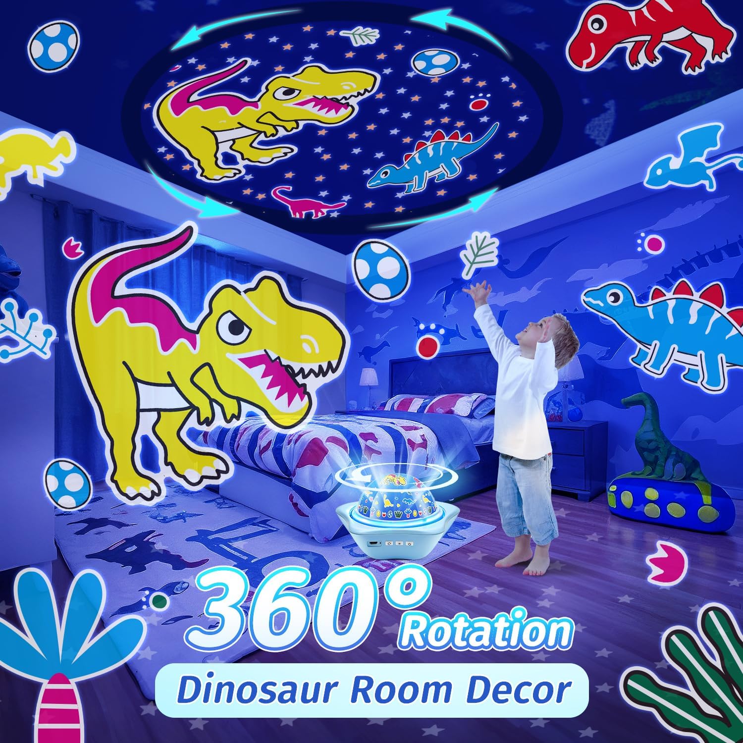 One Fire Dinosaur Night Lights for Bedroom,Upgrade 6 Films Star Projector Lights for Kids Room,Remote 360° Silent Dimmable Night Light Projector,Rechargeable Timer Dinosaur Room Decor for Boys Gifts-3