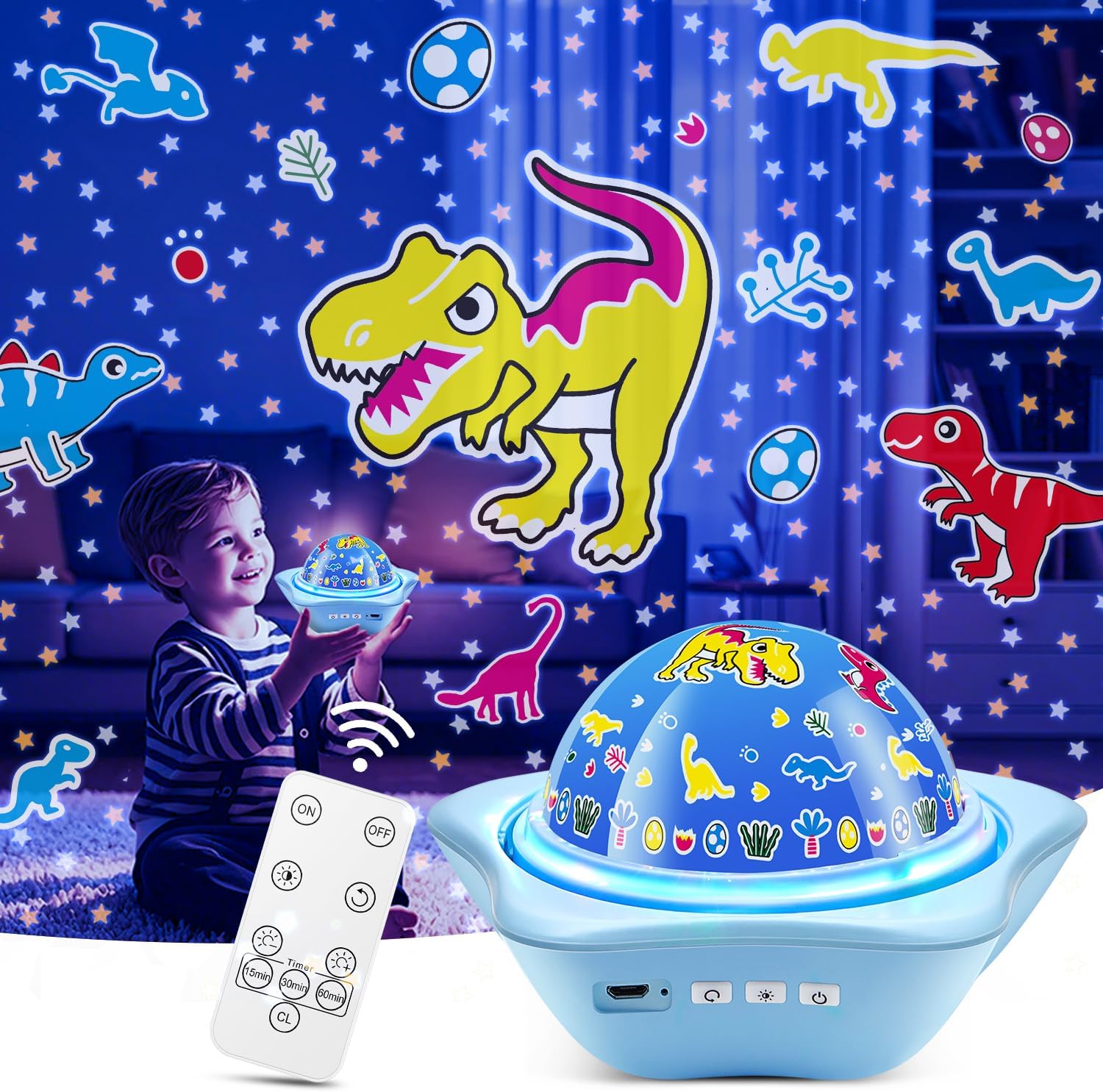 One Fire Dinosaur Night Lights for Bedroom,Upgrade 6 Films Star Projector Lights for Kids Room,Remote 360° Silent Dimmable Night Light Projector,Rechargeable Timer Dinosaur Room Decor for Boys Gifts-7