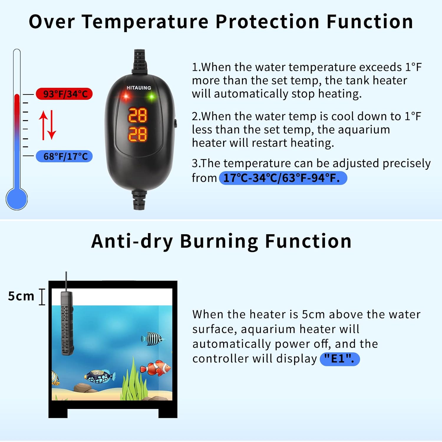 HiTauing Aquarium Heater, 50W/100W/200W/300W/500W Submersible Fish Tank Heater with Over-Temperature Protection and Automatic Power-Off When Leaving Water for Saltwater and Freshwater-1