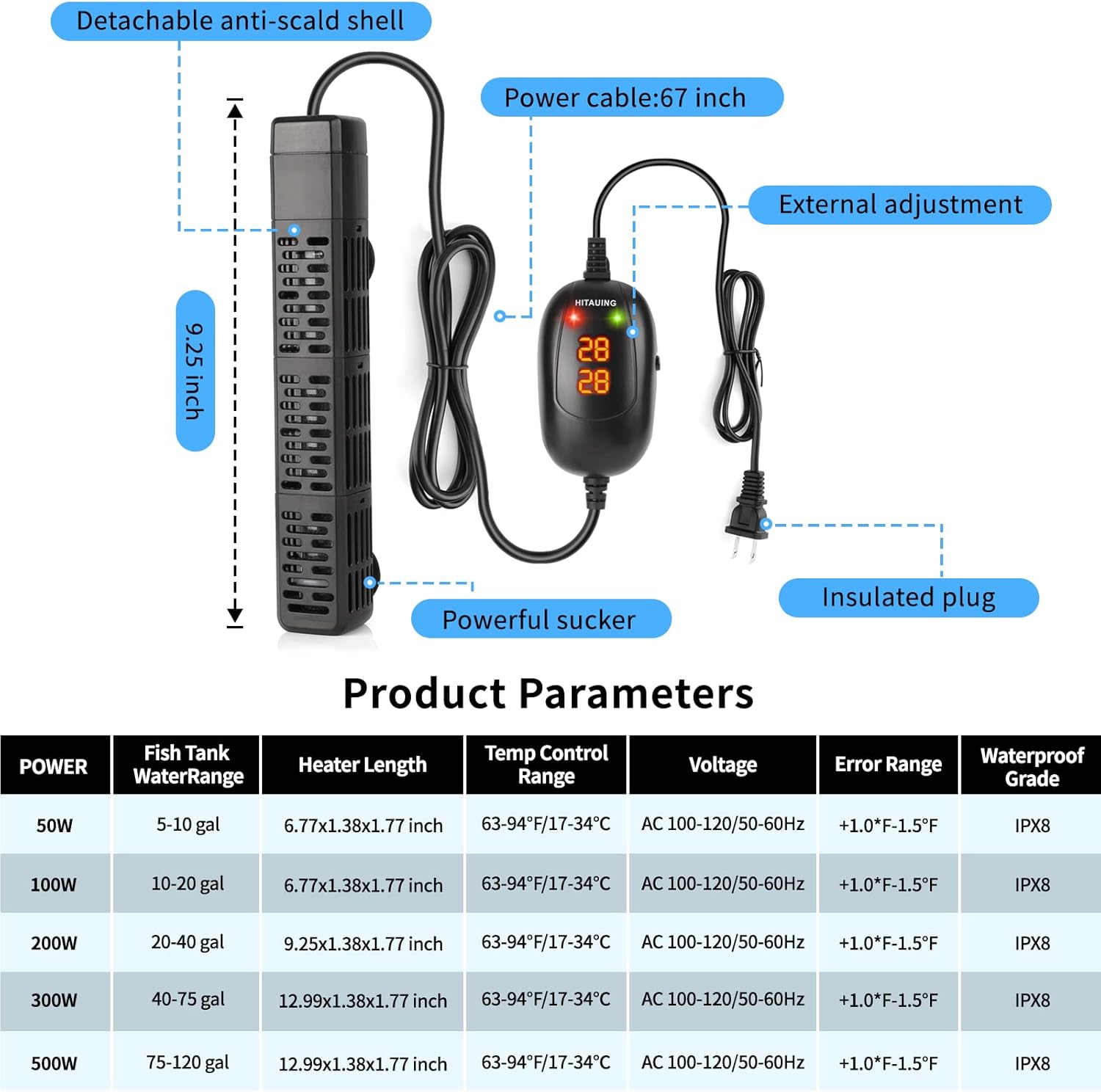 HiTauing Aquarium Heater, 50W/100W/200W/300W/500W Submersible Fish Tank Heater with Over-Temperature Protection and Automatic Power-Off When Leaving Water for Saltwater and Freshwater-5