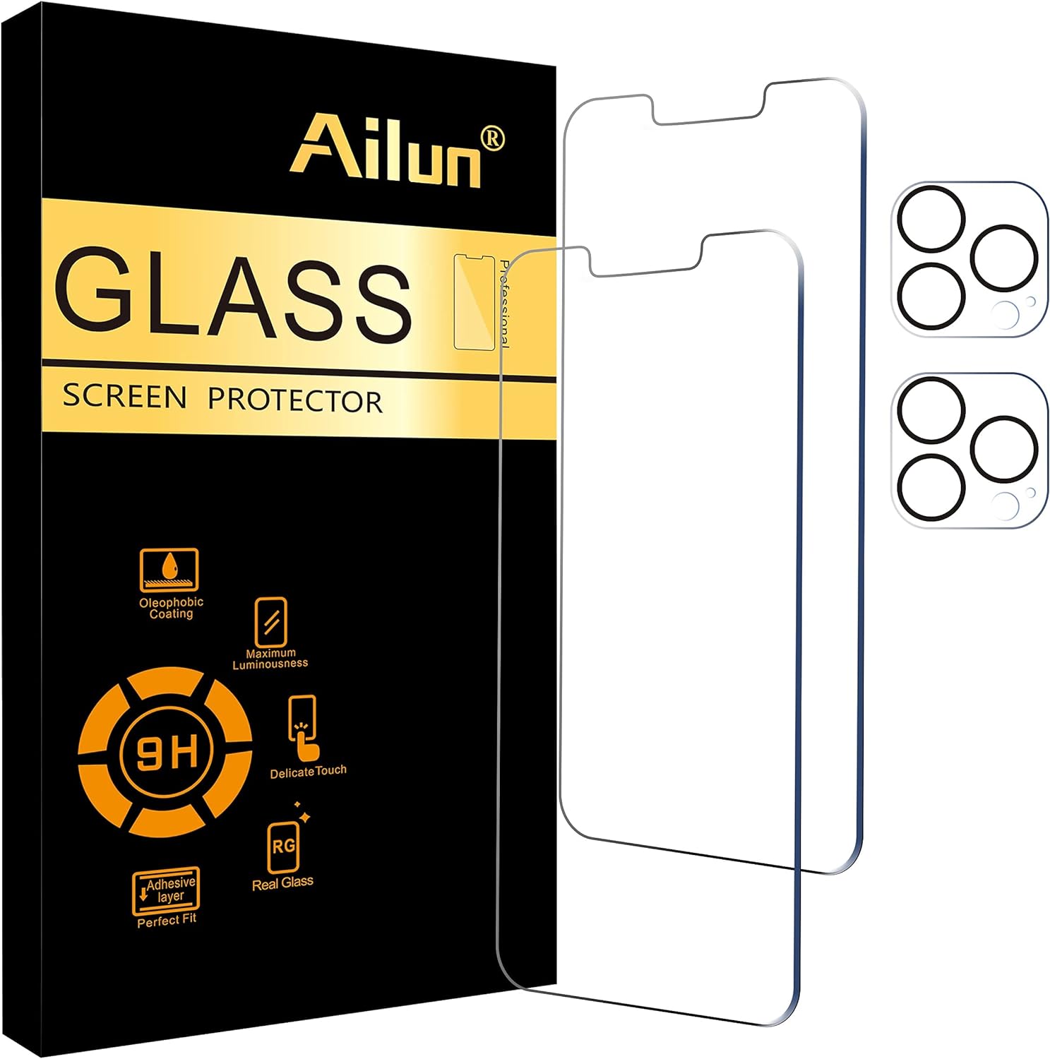 Ailun 2Pack Screen Protector for iPhone 13 Pro [6.1 inch] Display 2021 + 2 Pack Camera Lens Protector, Tempered Glass Film,[9H Hardness] - HD [Not for iPhone 13 Pro Max][4 Pack]-0