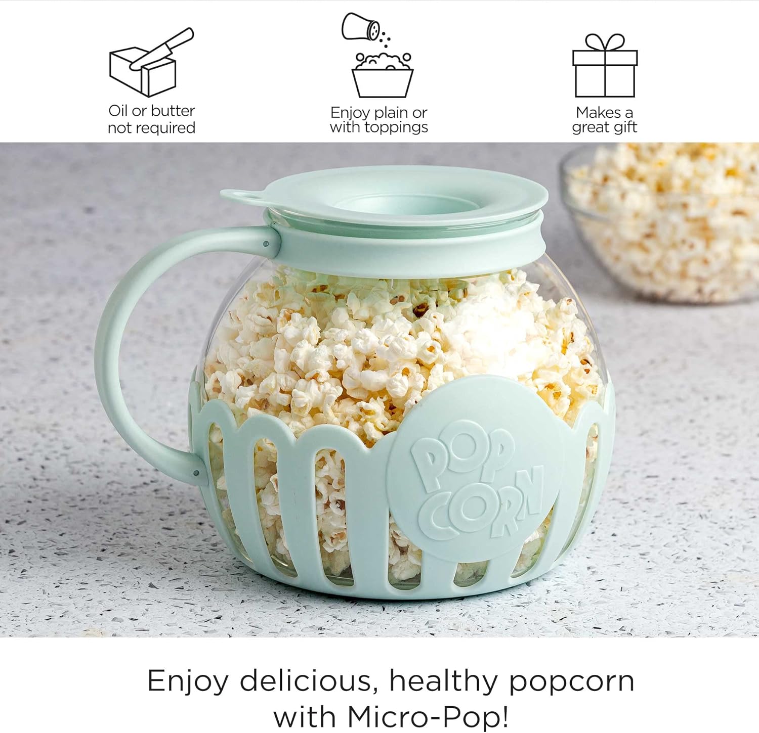 Ecolution Patented Micro-Pop Microwave Popcorn Popper with Temperature Safe Glass, 3-in-1 Lid Measures Kernels and Melts Butter, Made Without BPA, Dishwasher Safe, 3-Quart, Aqua-1