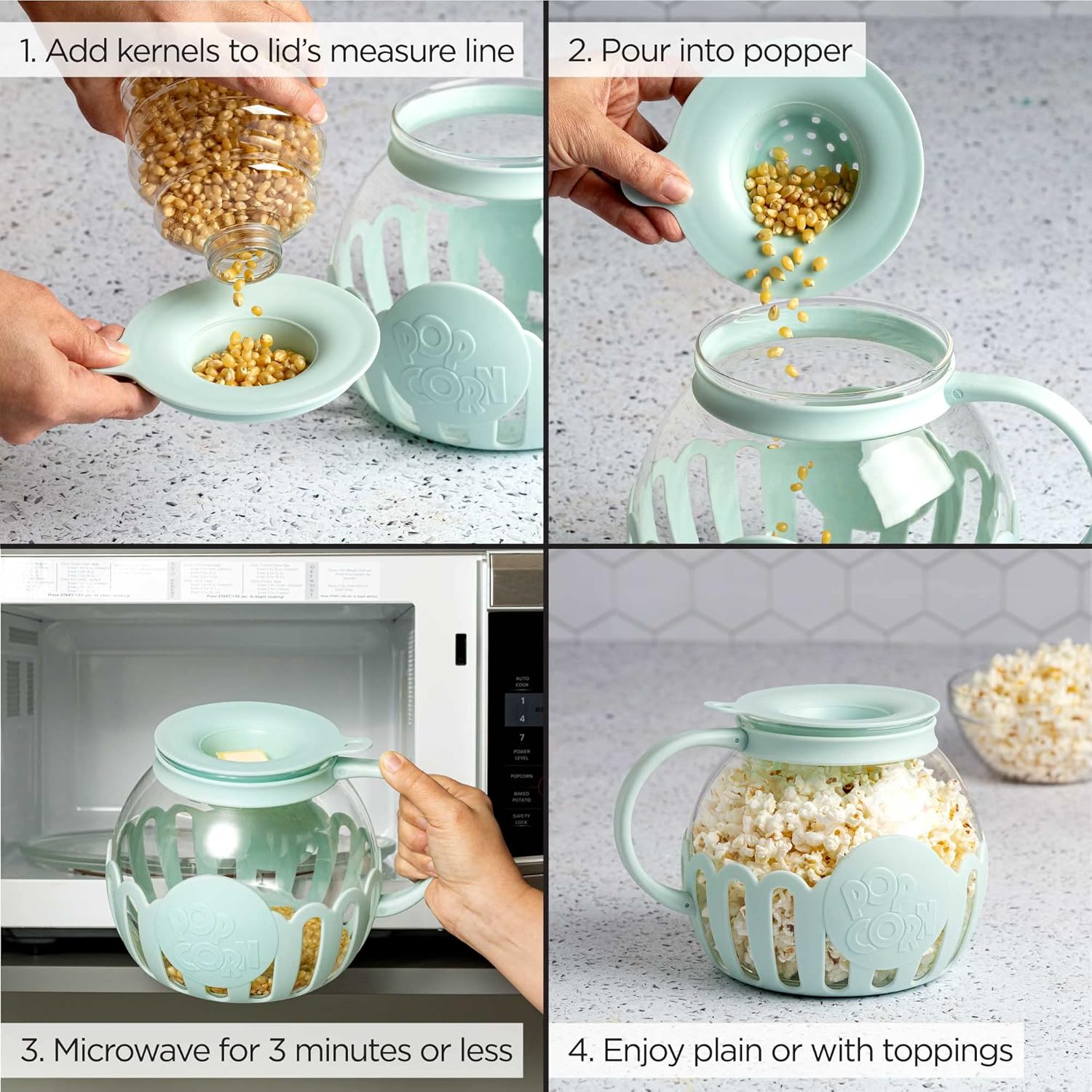 Ecolution Patented Micro-Pop Microwave Popcorn Popper with Temperature Safe Glass, 3-in-1 Lid Measures Kernels and Melts Butter, Made Without BPA, Dishwasher Safe, 3-Quart, Aqua-2