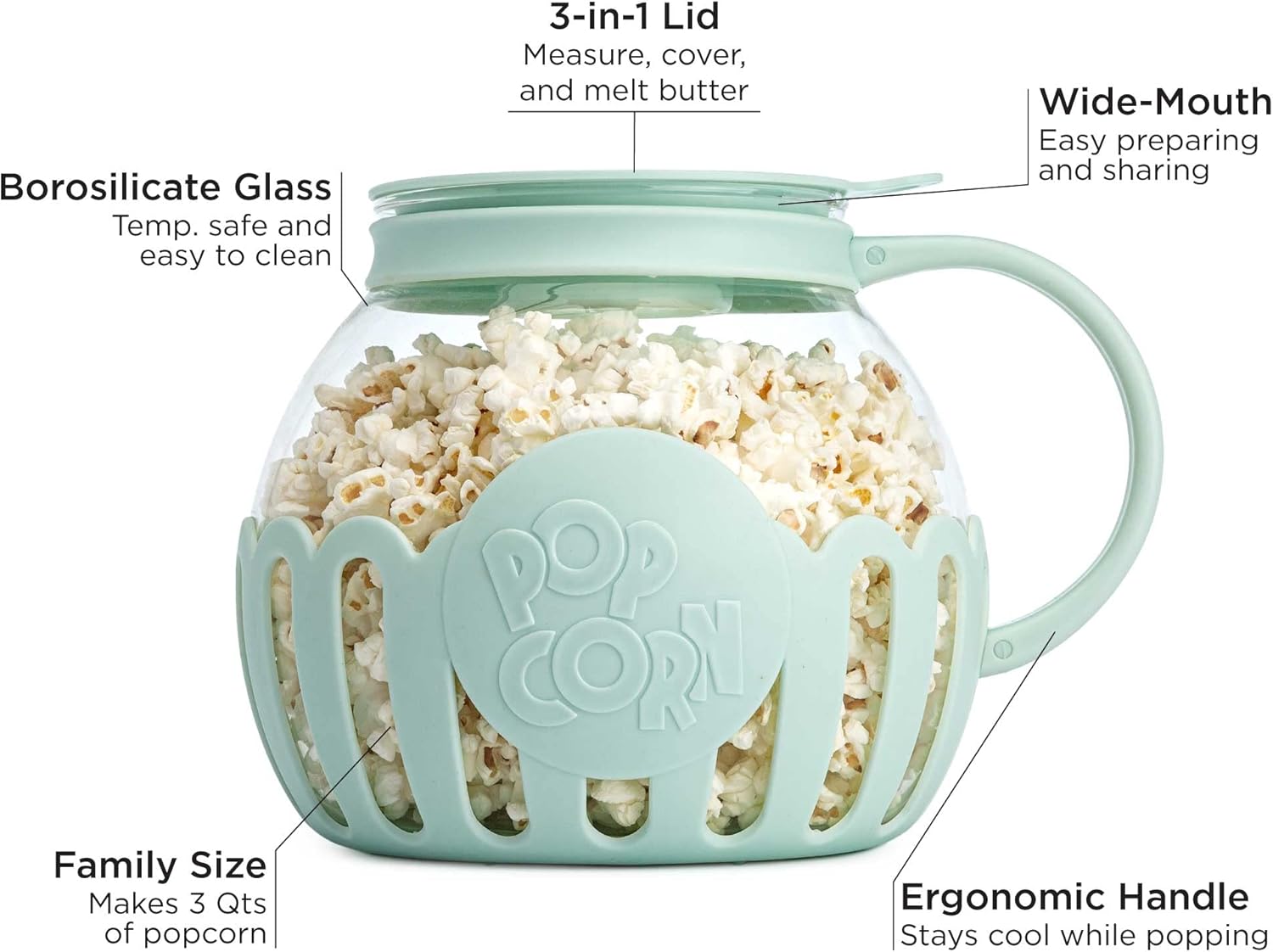 Ecolution Patented Micro-Pop Microwave Popcorn Popper with Temperature Safe Glass, 3-in-1 Lid Measures Kernels and Melts Butter, Made Without BPA, Dishwasher Safe, 3-Quart, Aqua-3