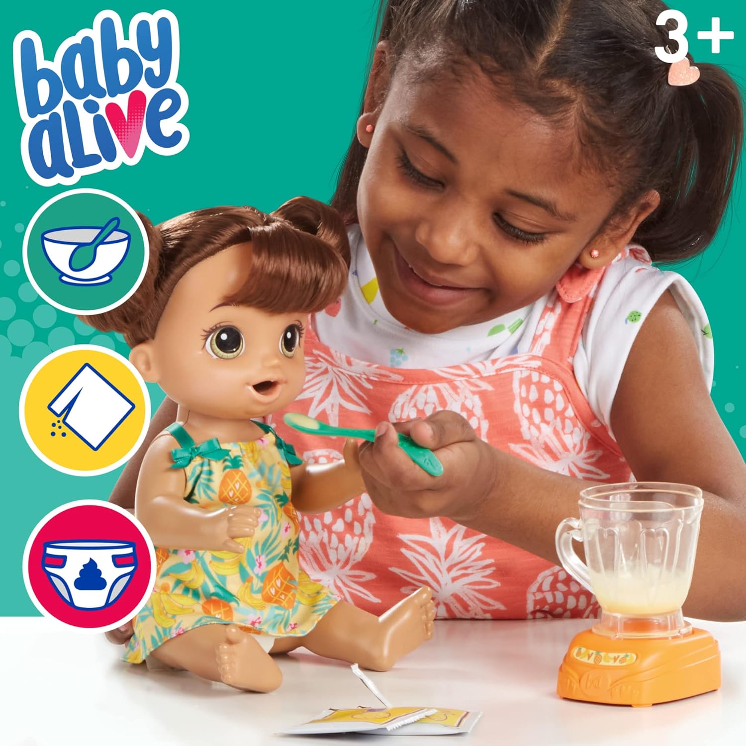 Baby Alive Magical Mixer Baby Doll Tropical Treat with Blender Accessories, Drinks, Wets, Eats, Brown Hair Toy for Kids Ages 3 and Up-1