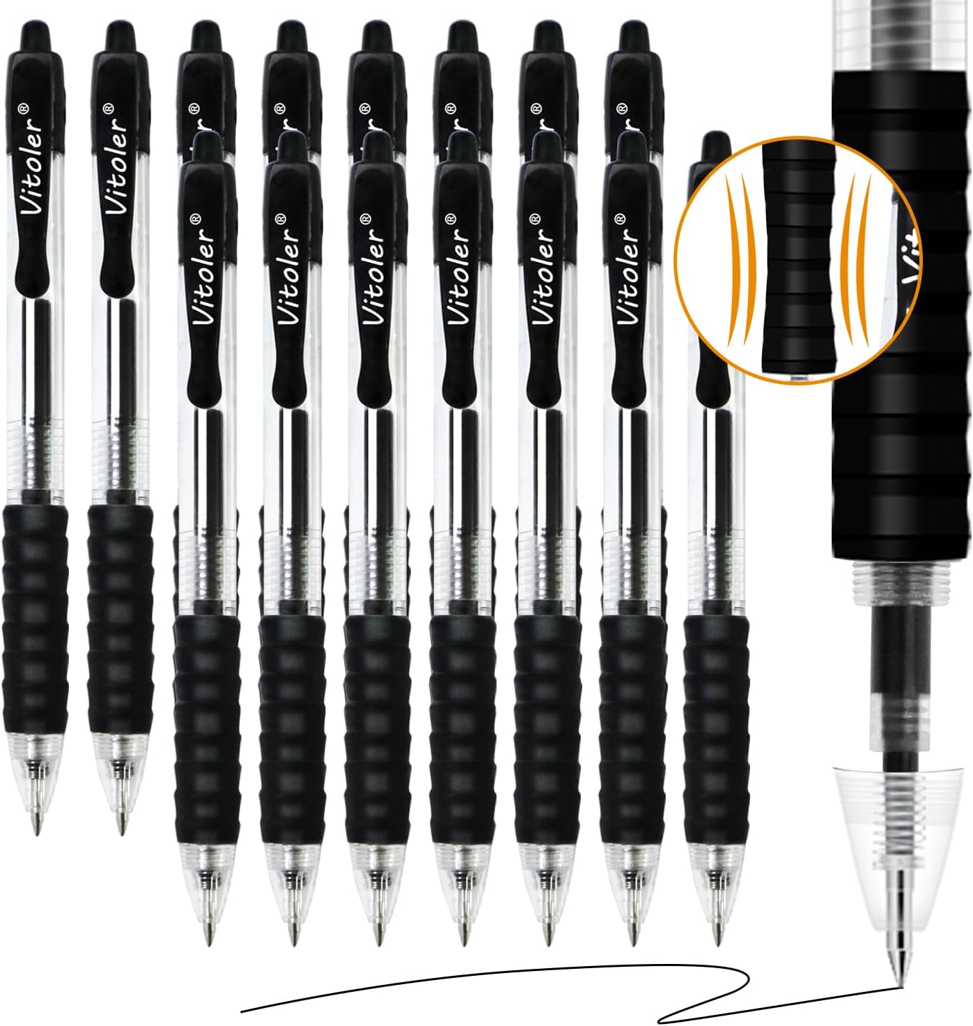 Vitoler 15 Pack Black Gel Pens,Retractable Medium Point pens,Smooth Writing Rollerball Pens with Comfortable Grip for School Work Office supplies-0