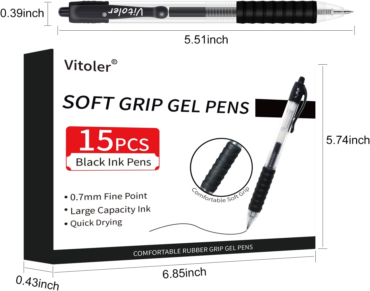 Vitoler 15 Pack Black Gel Pens,Retractable Medium Point pens,Smooth Writing Rollerball Pens with Comfortable Grip for School Work Office supplies-6