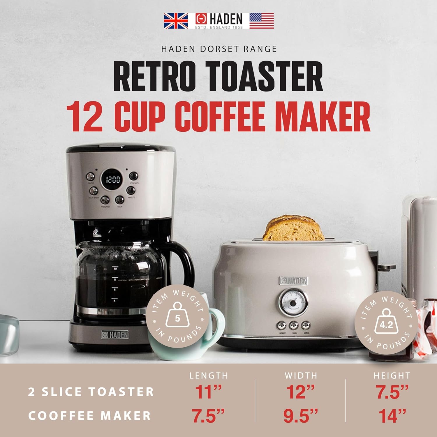 HADEN Retro Style 12 Cup Programmable Home Coffee Maker Machine with Carafe and Wide Slot Stainless Steel Retro 2 Slice Toaster, Putty Beige-3