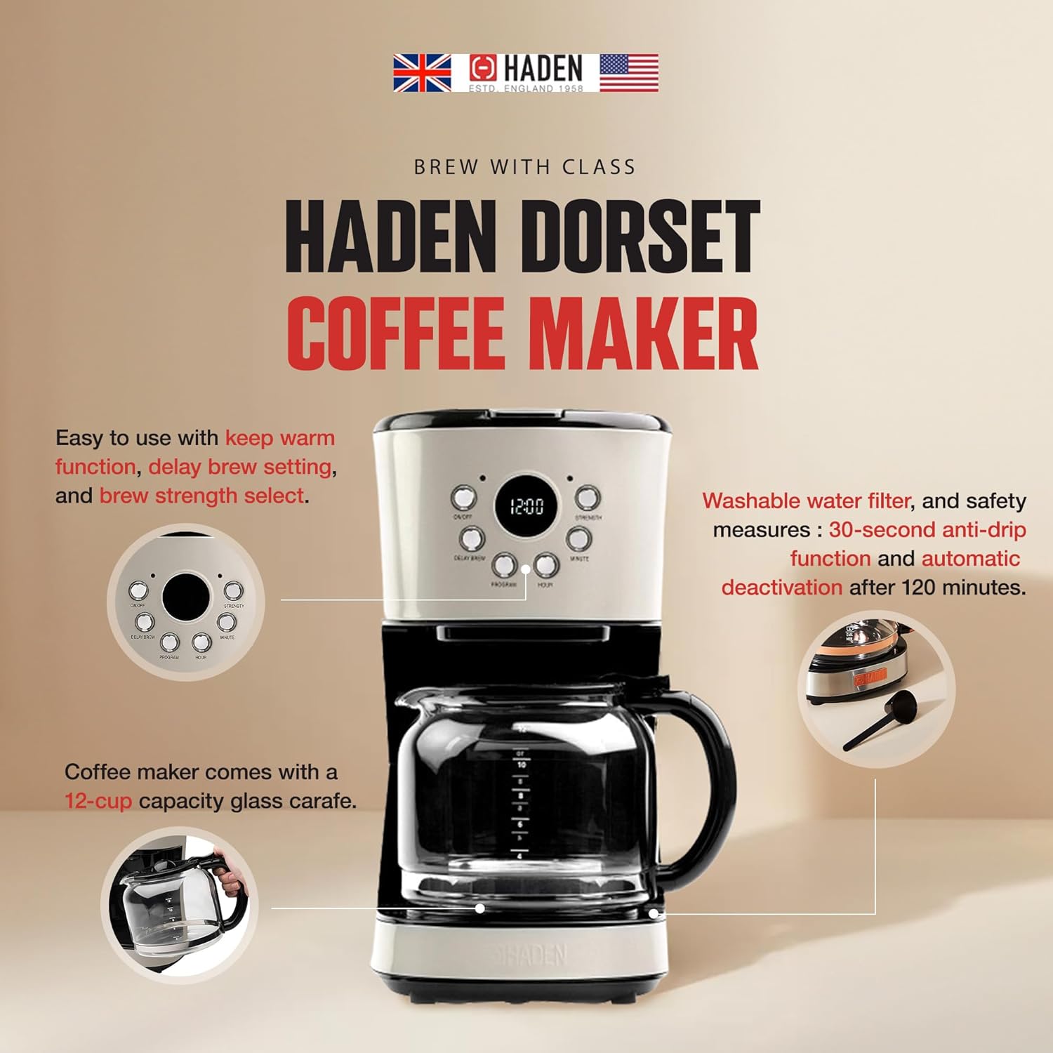 HADEN Retro Style 12 Cup Programmable Home Coffee Maker Machine with Carafe and Wide Slot Stainless Steel Retro 2 Slice Toaster, Putty Beige-5