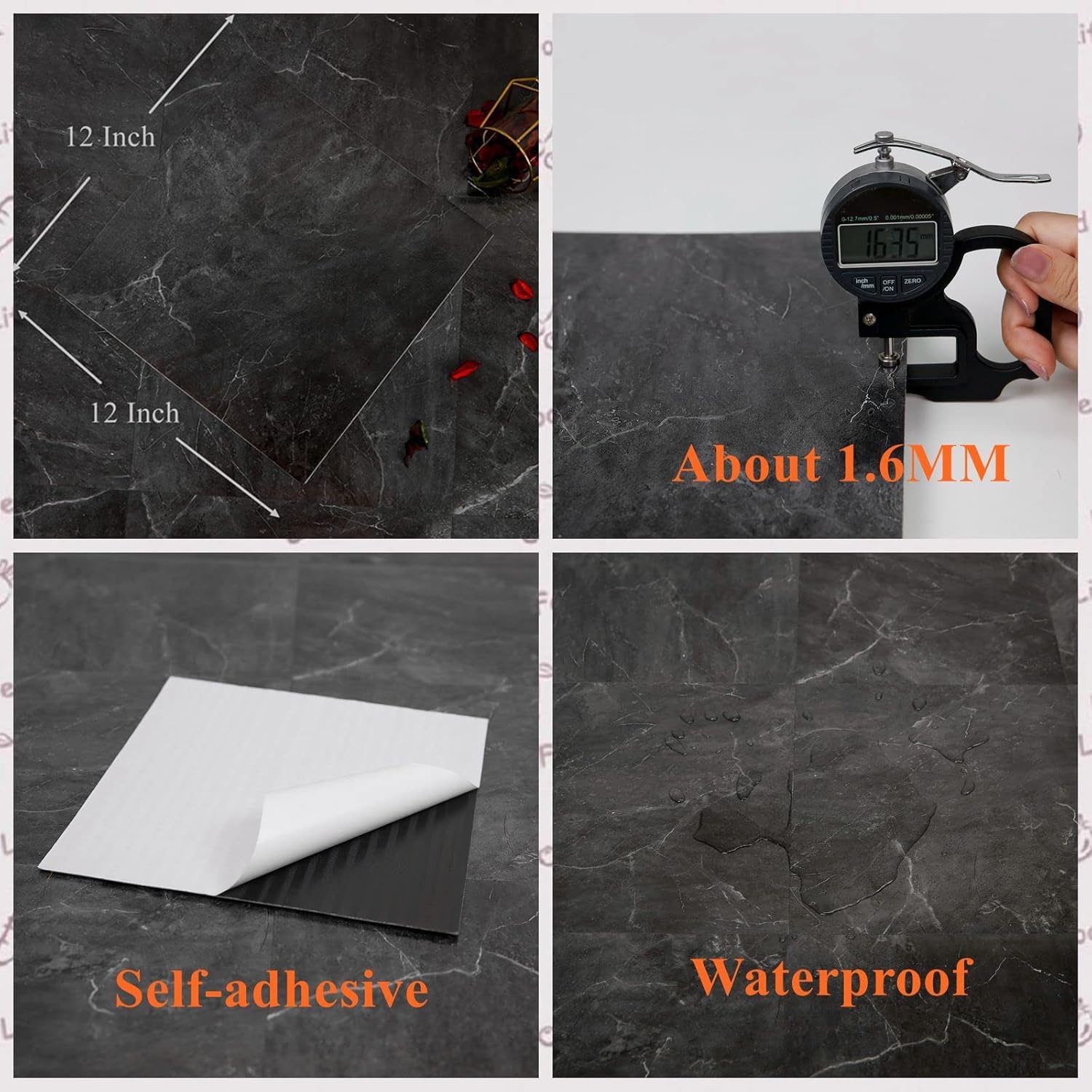 NUFLR Peel and Stick Floor Tile Waterproof, Black Marble Vinyl Flooring, Peel and Stick Flooring Durable for Update Bathroom Kitchen Basement Toilet（11.8x11.8In, 10 PCS）-1