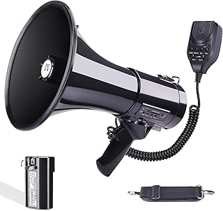 50 Watt Professional Bluetooth Megaphone Bullhorn Speaker with Rechargeable Battery & Portable Strap - Siren and Recording - USB/SD/AUX Input - for Police, Cheerleading, Outdoor