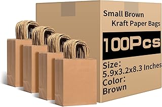 RACETOP Small Brown Kraft Paper Bags with Handles Bulk, 5.9"x3.2"x8.3" 100Pcs Small Brown Gift Bags, Mini Paper Bags, Gift Bags Bulk, Goodie Bag, Retail Bags, Gift Wrap Bags, Shopping Bags