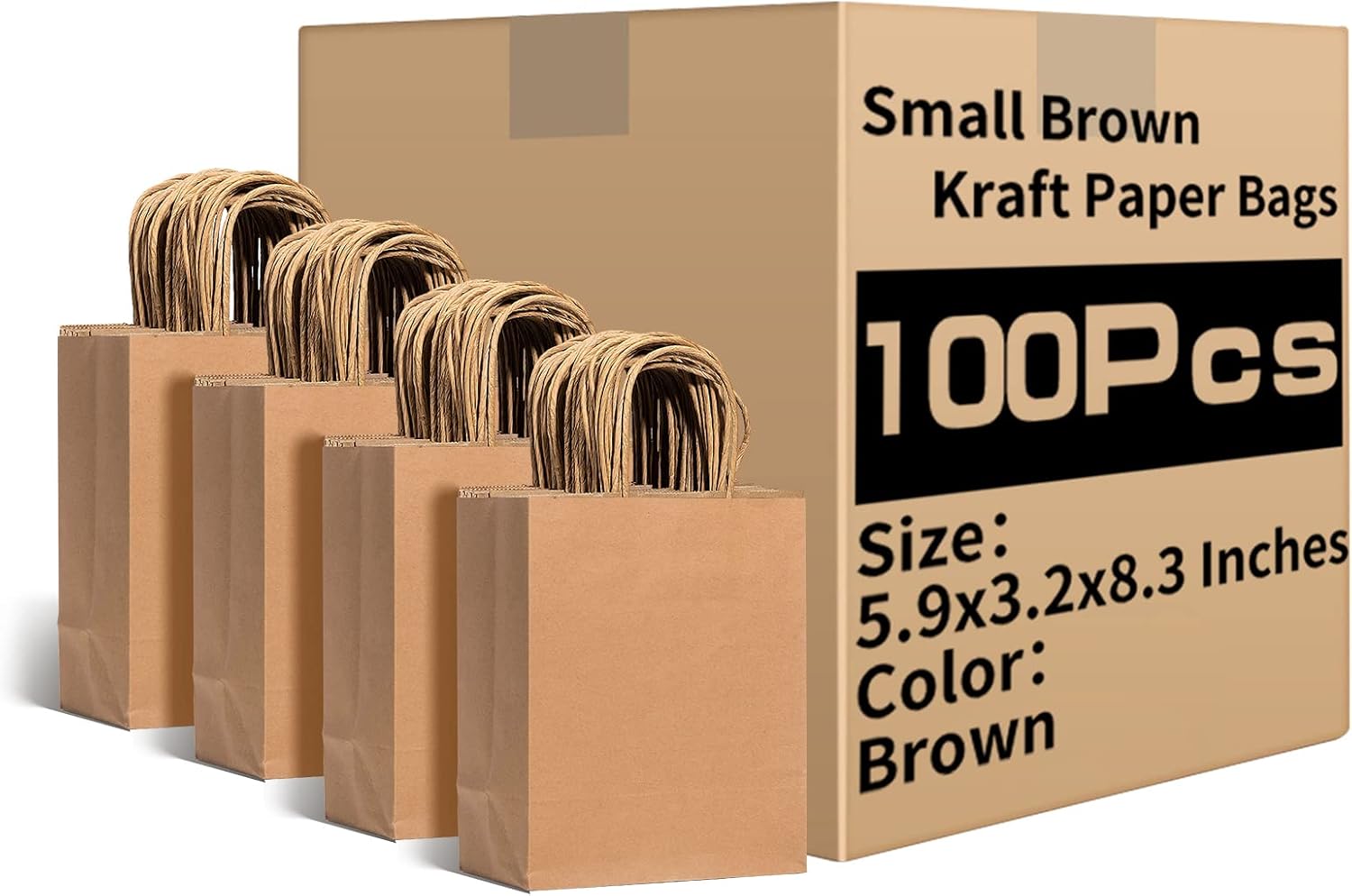 RACETOP Small Brown Kraft Paper Bags with Handles Bulk, 5.9"x3.2"x8.3" 100Pcs Small Brown Gift Bags, Mini Paper Bags, Gift Bags Bulk, Goodie Bag, Retail Bags, Gift Wrap Bags, Shopping Bags-0