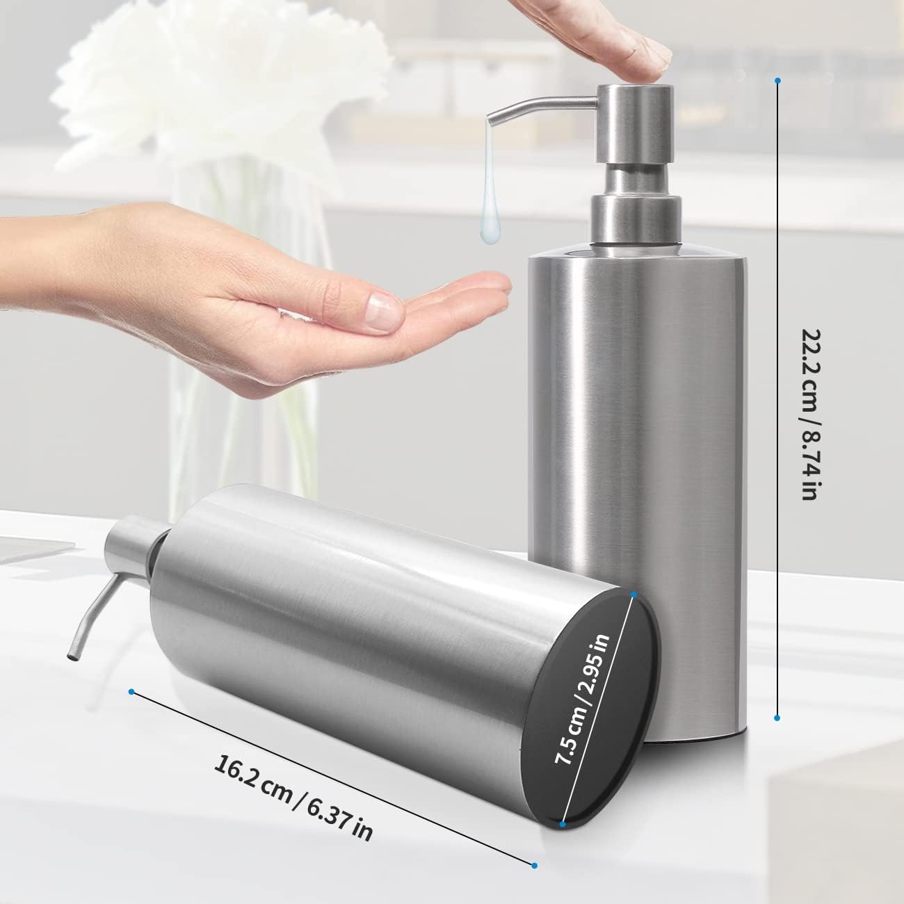 ARKTEK Large Stainless Steel Countertop Soap Dispenser - Rust and Leak Proof Liquid Hand Soap Pump Bottle for Kitchen, Bathroom and Countertop Hand Dish Lotion (20 Oz / 600 ml)-3