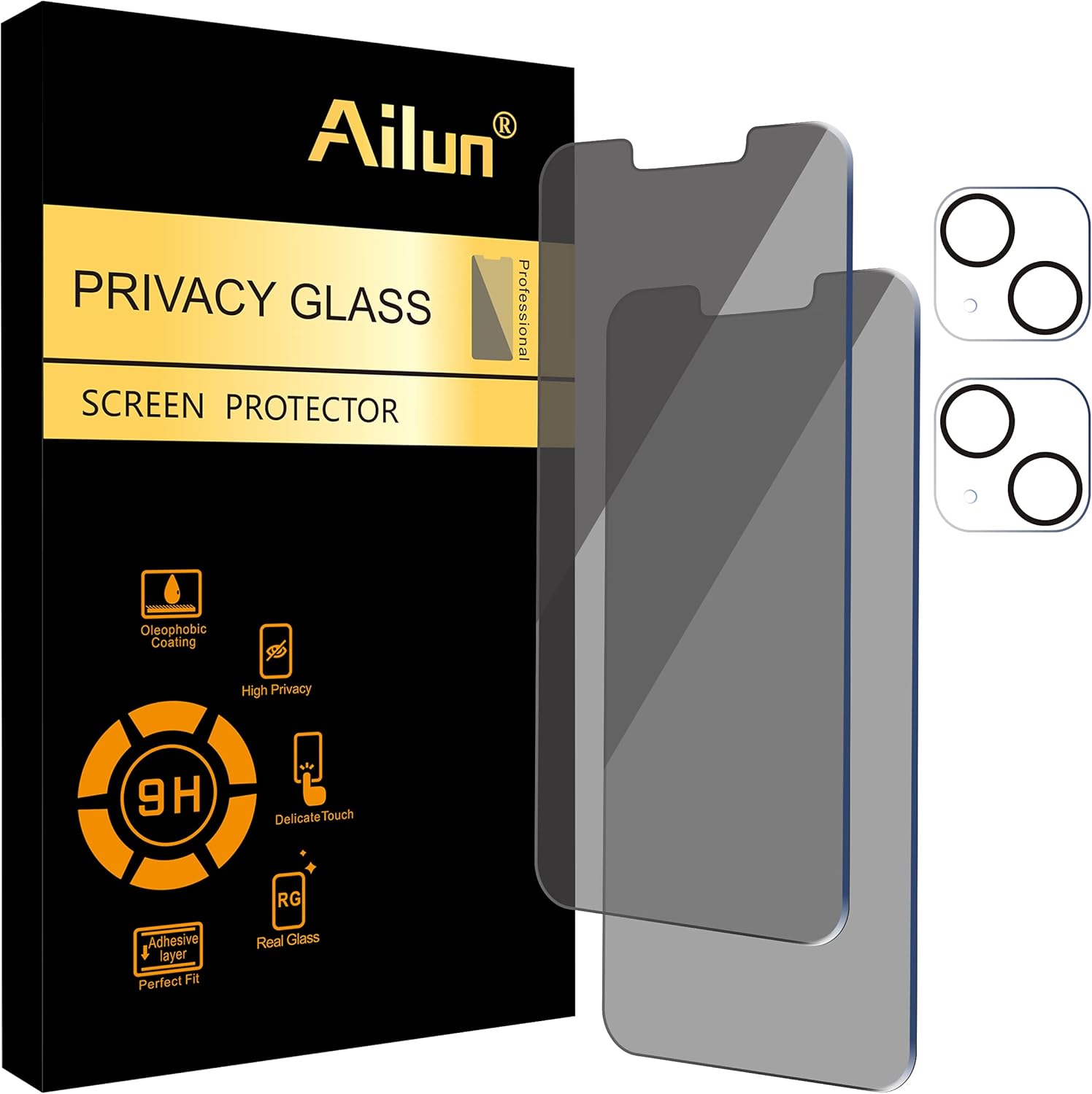 Ailun 2Pack Privacy Screen Protector for iPhone 13 [6.1 inch] + 2 Pack Camera Lens Protector, Anti Spy Private Tempered Glass Film,[9H Hardness] - HD [4 Pack]-0