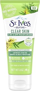 St. Ives Clear Skin Lotion - 3-in-1 SPF 25 Face Moisturizer for Acne Prone, Oily, or Combo Skin, Lightweight Sheer Daily Face Lotion with Tea Tree Extract & Witch Hazel, 3 Fl Oz