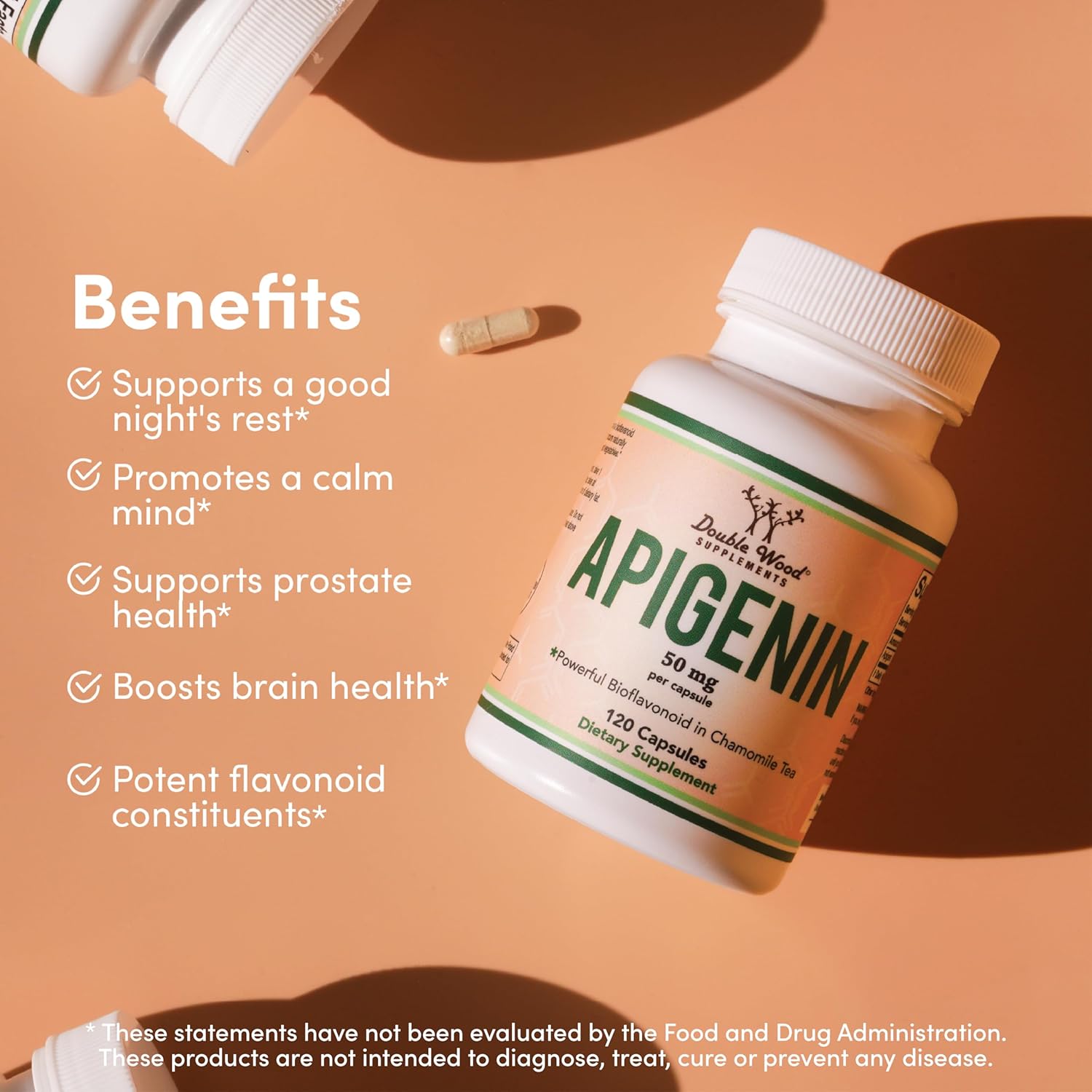 Apigenin Supplement - 50mg per Capsule, 120 Count (Powerful Bioflavonoid Found in Chamomile Tea for Relaxation, Sleep, and Mood) Senolytic Flavonols for Aging (Gluten Free) by Double Wood-2