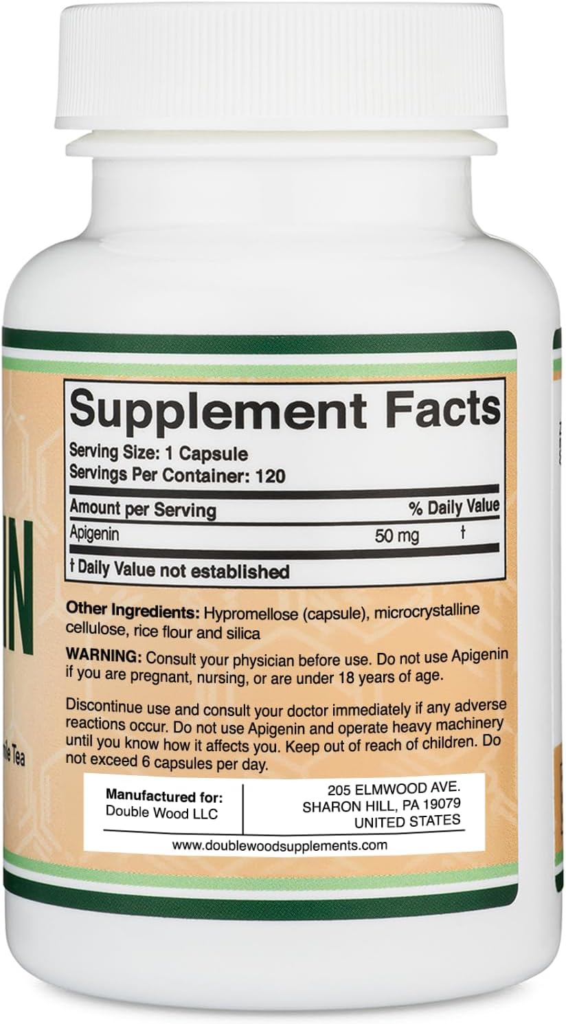 Apigenin Supplement - 50mg per Capsule, 120 Count (Powerful Bioflavonoid Found in Chamomile Tea for Relaxation, Sleep, and Mood) Senolytic Flavonols for Aging (Gluten Free) by Double Wood-6