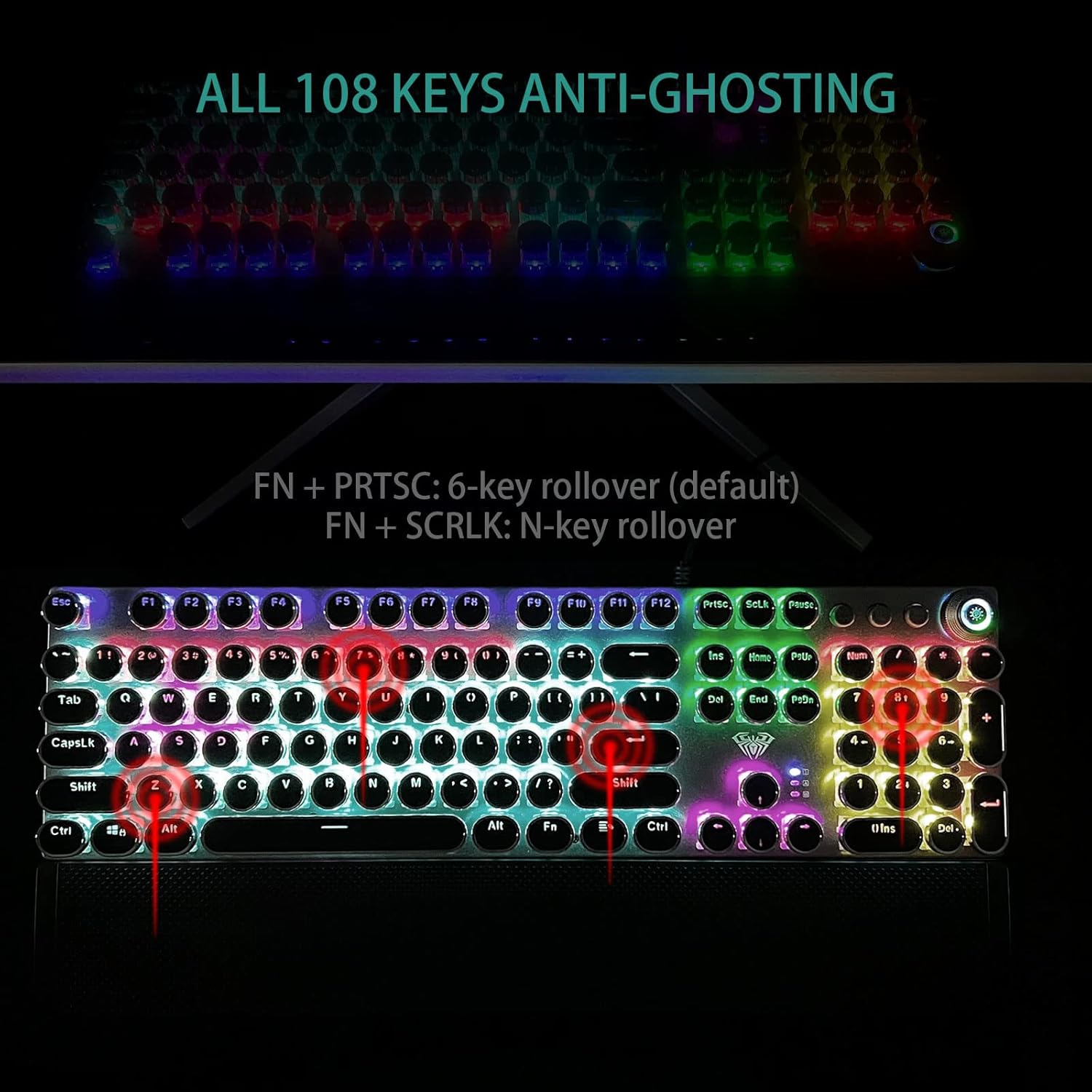 AULA F2088 Typewriter Style Mechanical Gaming Keyboard Blue Switches,Rainbow LED Backlit,Removable Wrist Rest,Media Control Knob,Retro Punk Round Keycaps,USB Wired Computer Keyboard-5