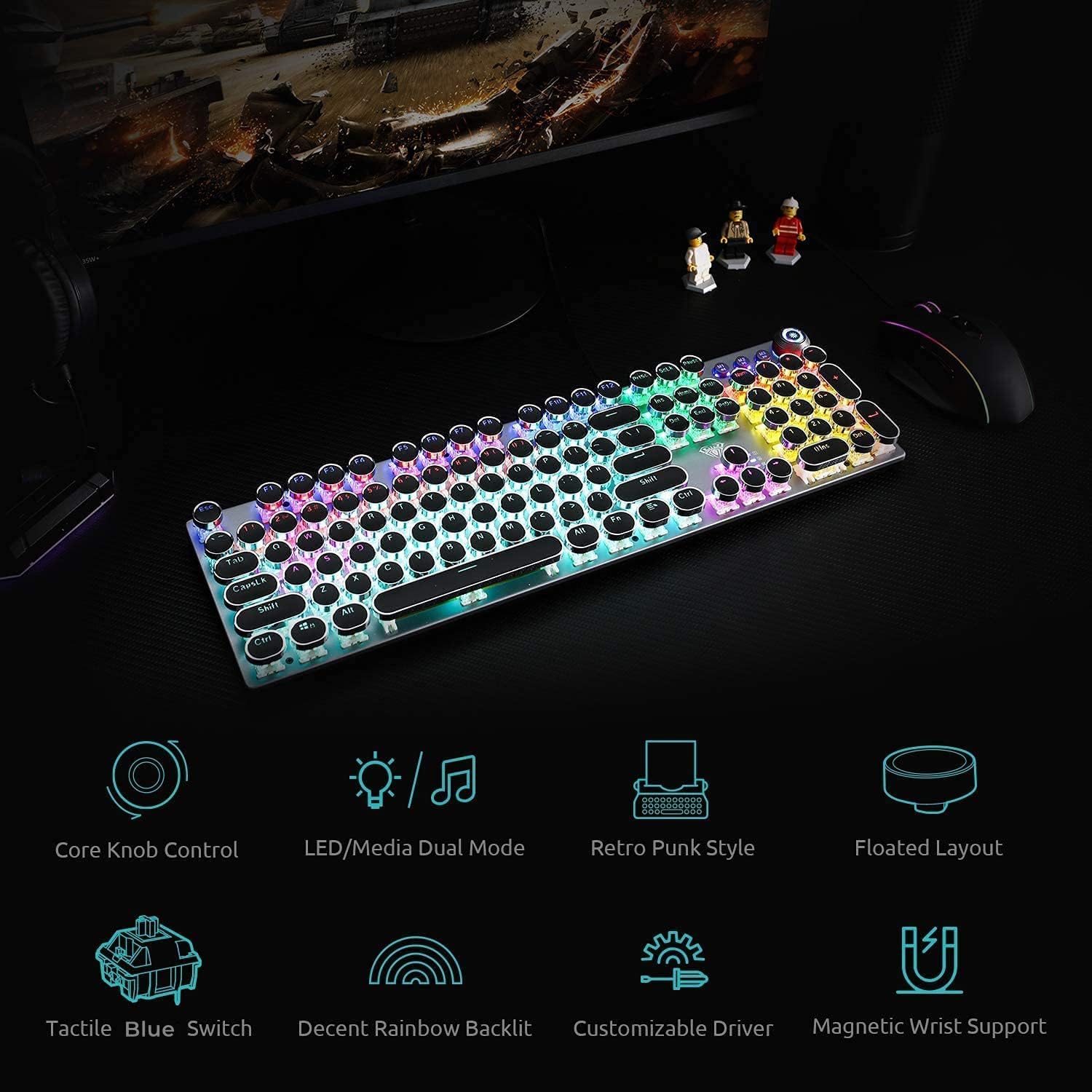 AULA F2088 Typewriter Style Mechanical Gaming Keyboard Blue Switches,Rainbow LED Backlit,Removable Wrist Rest,Media Control Knob,Retro Punk Round Keycaps,USB Wired Computer Keyboard-7