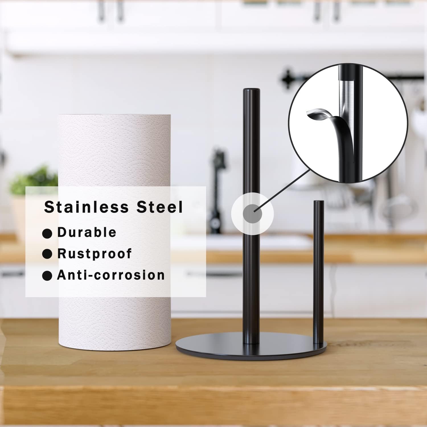 Paper Towel Holder Black Kitchen Roll Holder, Premium Stainless Steel Paper Towel Holder for Kitchen Roll Organize, Countertop Roll Dispenser with Weighted Base-2